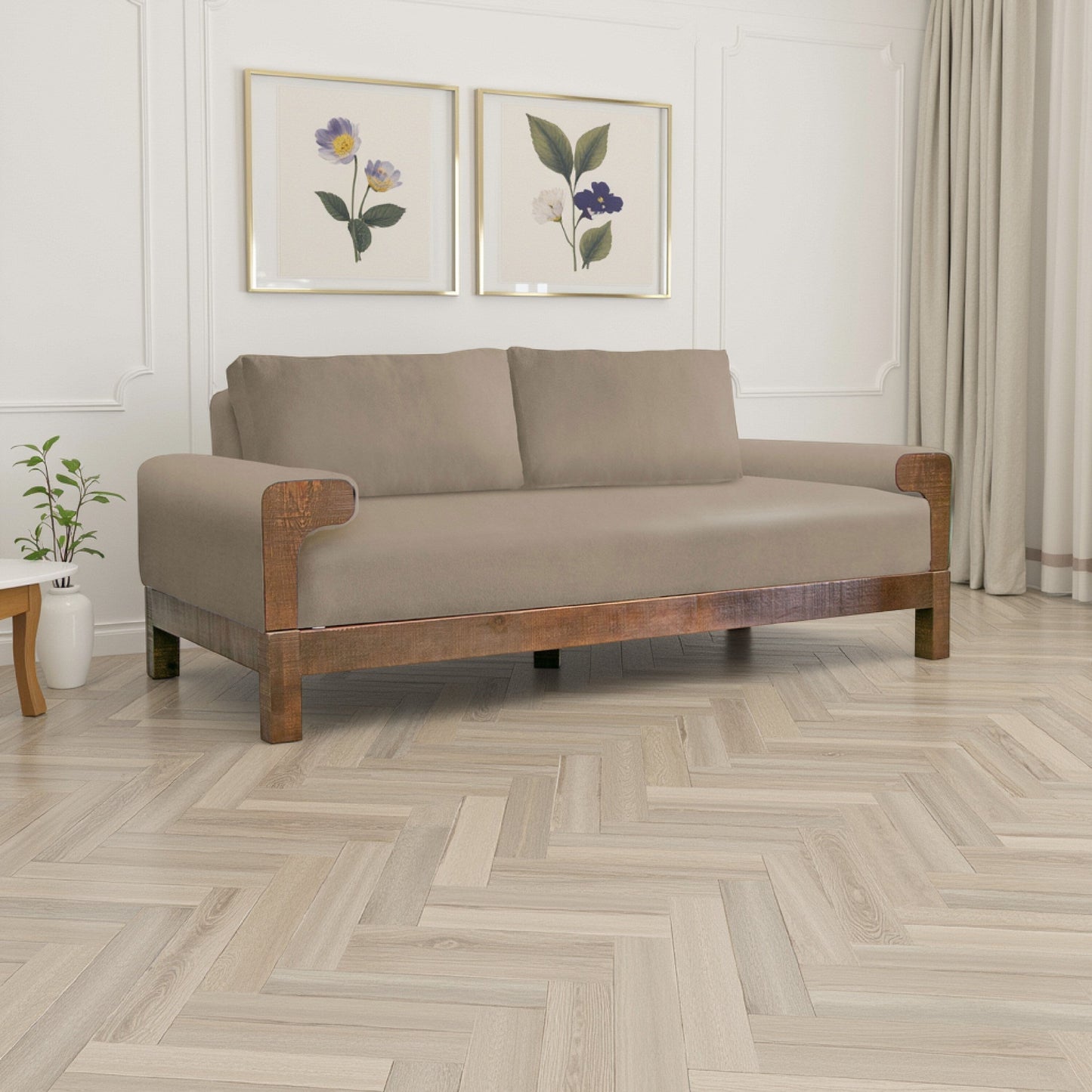 Caisy Sofa, Light Brown Polyester, Foam Cushions, Solid Wood Frame, 93 Inch