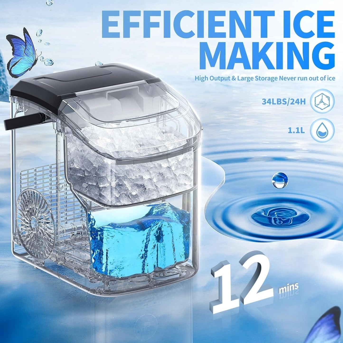 Nugget Ice Tragbarer Eiswürfelbereiter für die Arbeitsplatte mit mechanischen Knöpfen, ausgestattet mit Eiskorb und Eisschaufel, Edelstahl
