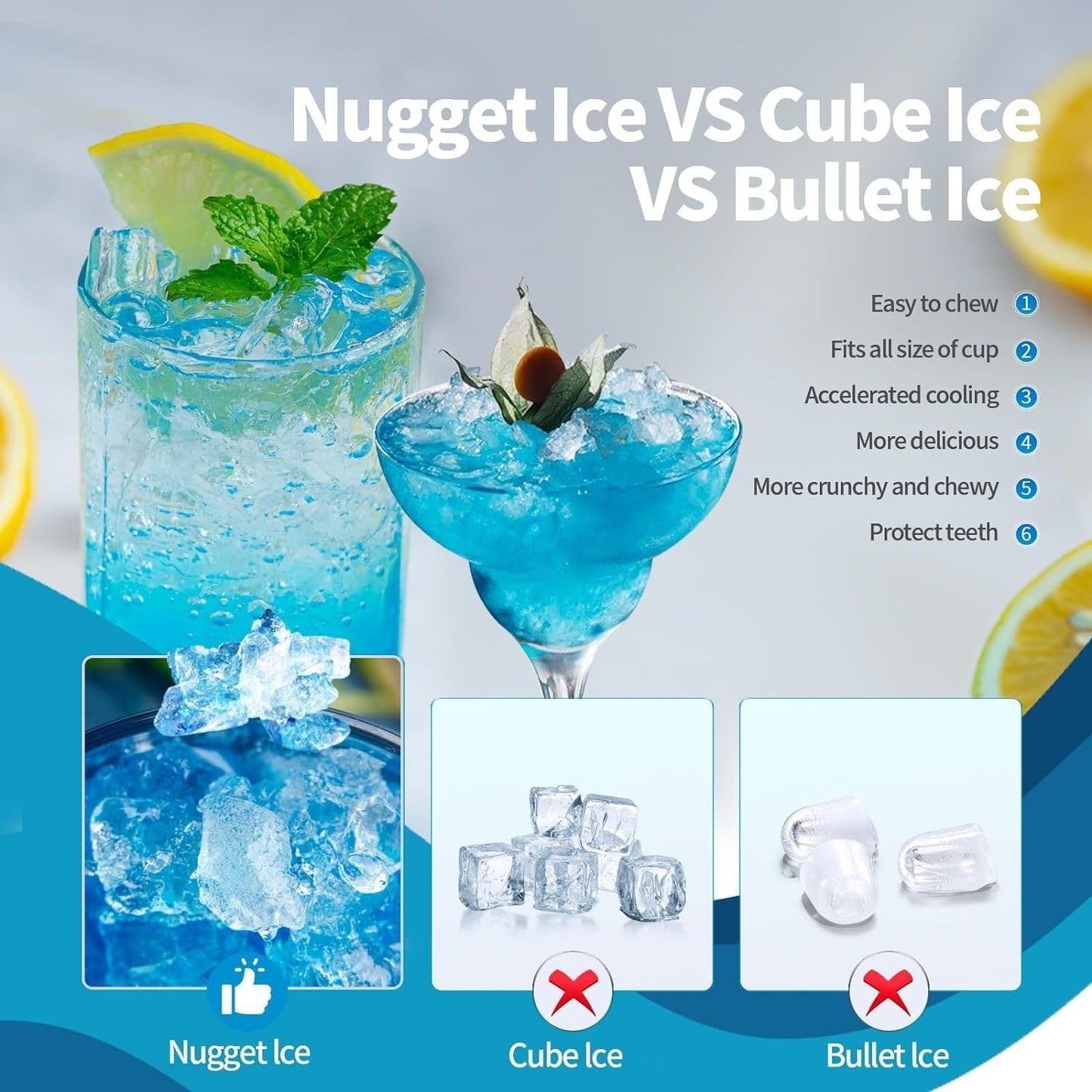 Nugget Ice Tragbarer Eiswürfelbereiter für die Arbeitsplatte mit mechanischen Knöpfen, ausgestattet mit Eiskorb und Eisschaufel, Edelstahl