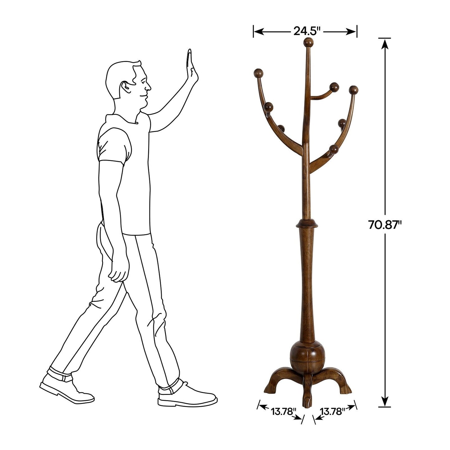 Freistehende Garderobe aus Gummibaumholz in Baumzweigform mit 8 Haken – 24,5 B x 70,87 H