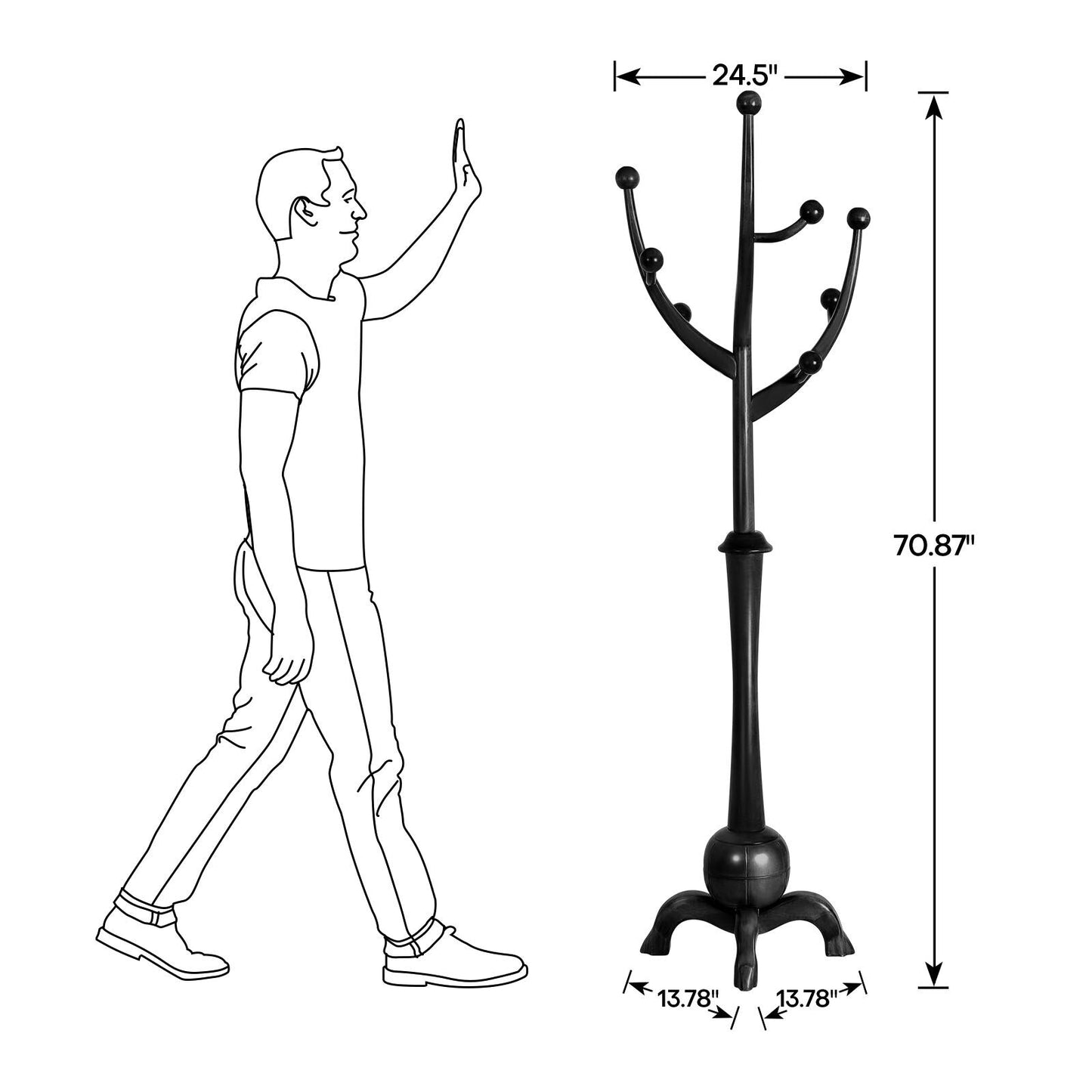 Freistehende Garderobe aus Gummibaumholz in Baumzweigform mit 8 Haken – 24,5 B x 70,87 H