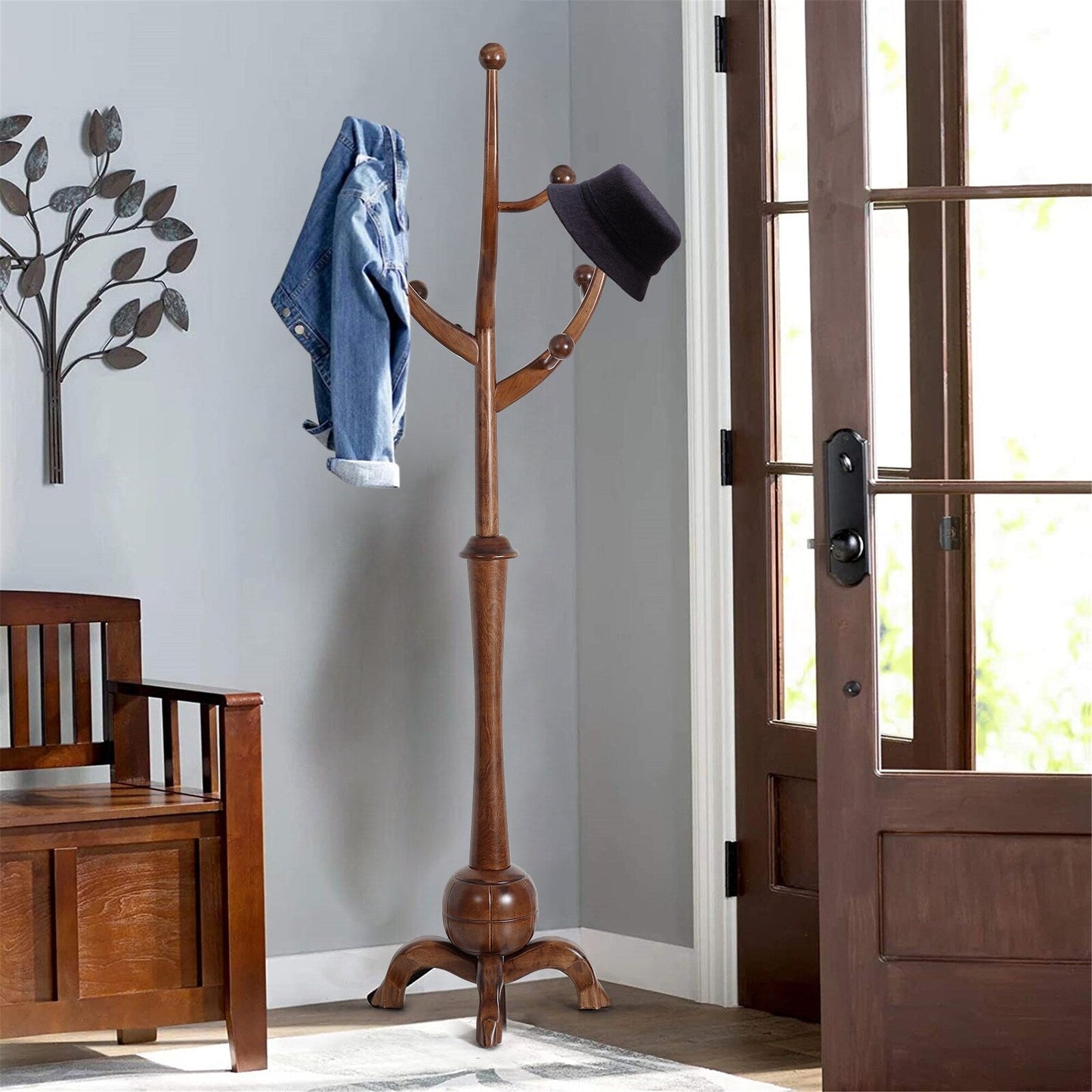 Freistehende Garderobe aus Gummibaumholz in Baumzweigform mit 8 Haken – 24,5 B x 70,87 H