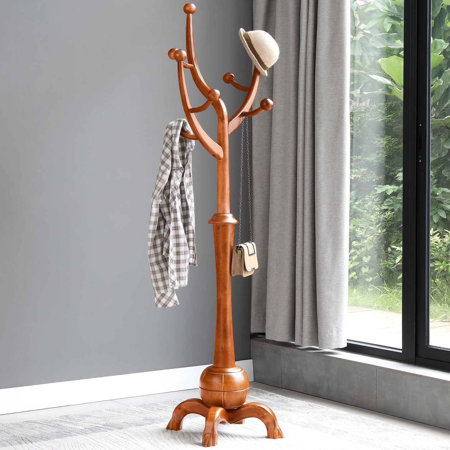 Freistehende Garderobe aus Gummibaumholz in Baumzweigform mit 8 Haken – 24,5 B x 70,87 H
