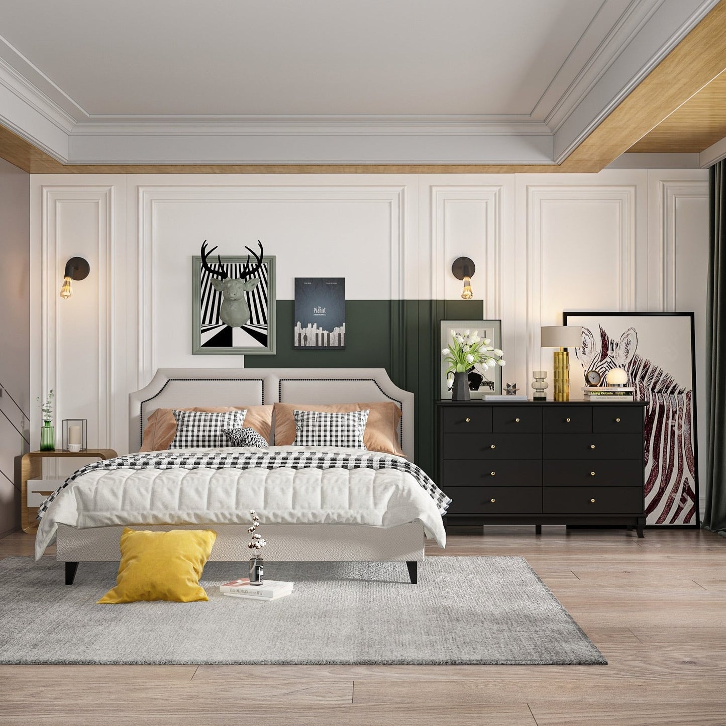 Doppelkommode mit 10 Schubladen für Schlafzimmer, weiße Kommode, breiter Stauraum