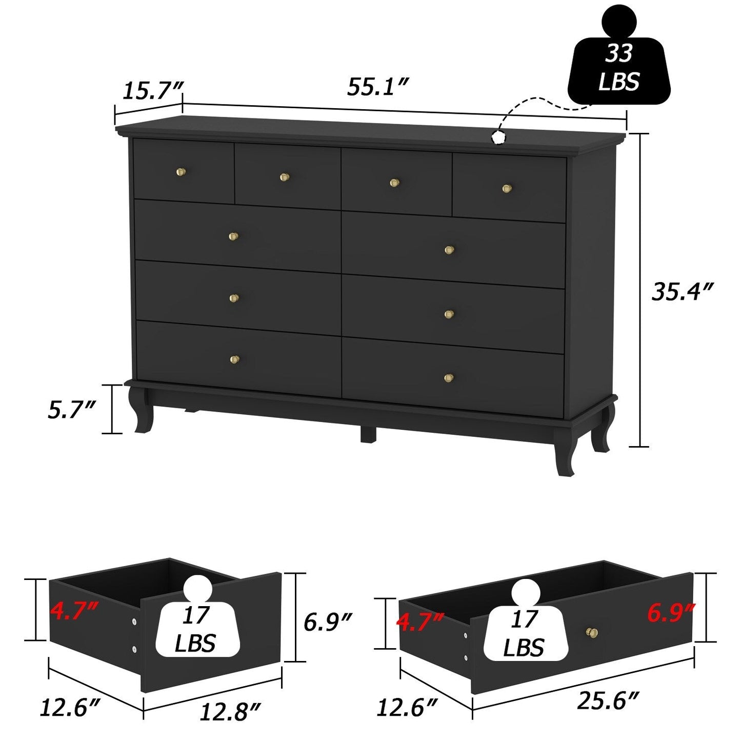 Doppelkommode mit 10 Schubladen für Schlafzimmer, weiße Kommode, breiter Stauraum
