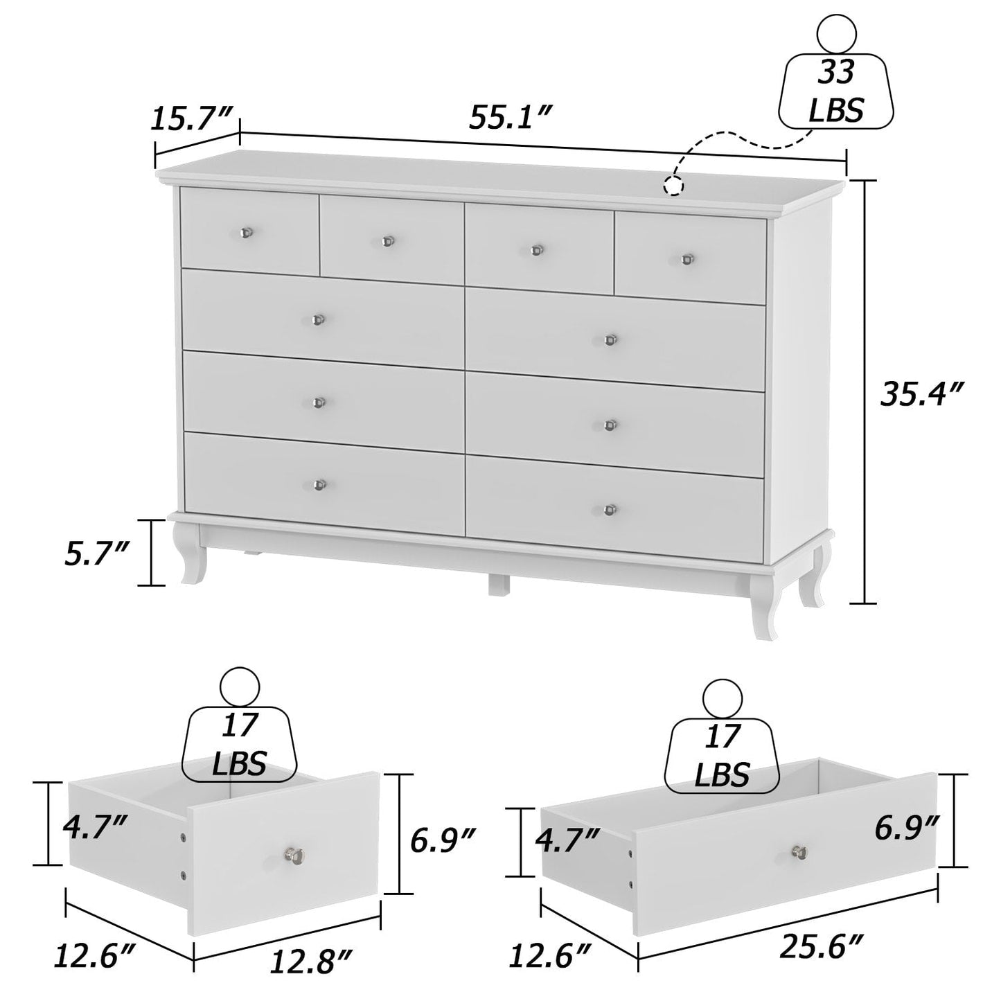 Doppelkommode mit 10 Schubladen für Schlafzimmer, weiße Kommode, breiter Stauraum