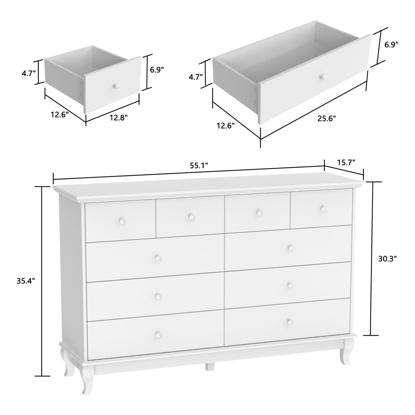 Doppelkommode mit 10 Schubladen für Schlafzimmer, weiße Kommode, breiter Stauraum