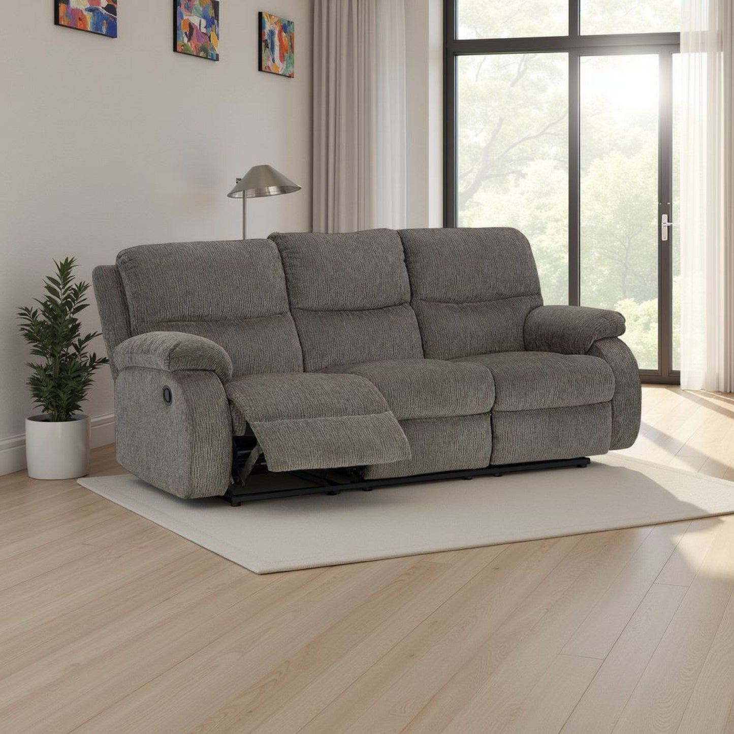 Lyla Manual Recliner Sofa with Bustle Back, Gray Polyester 86 Inch