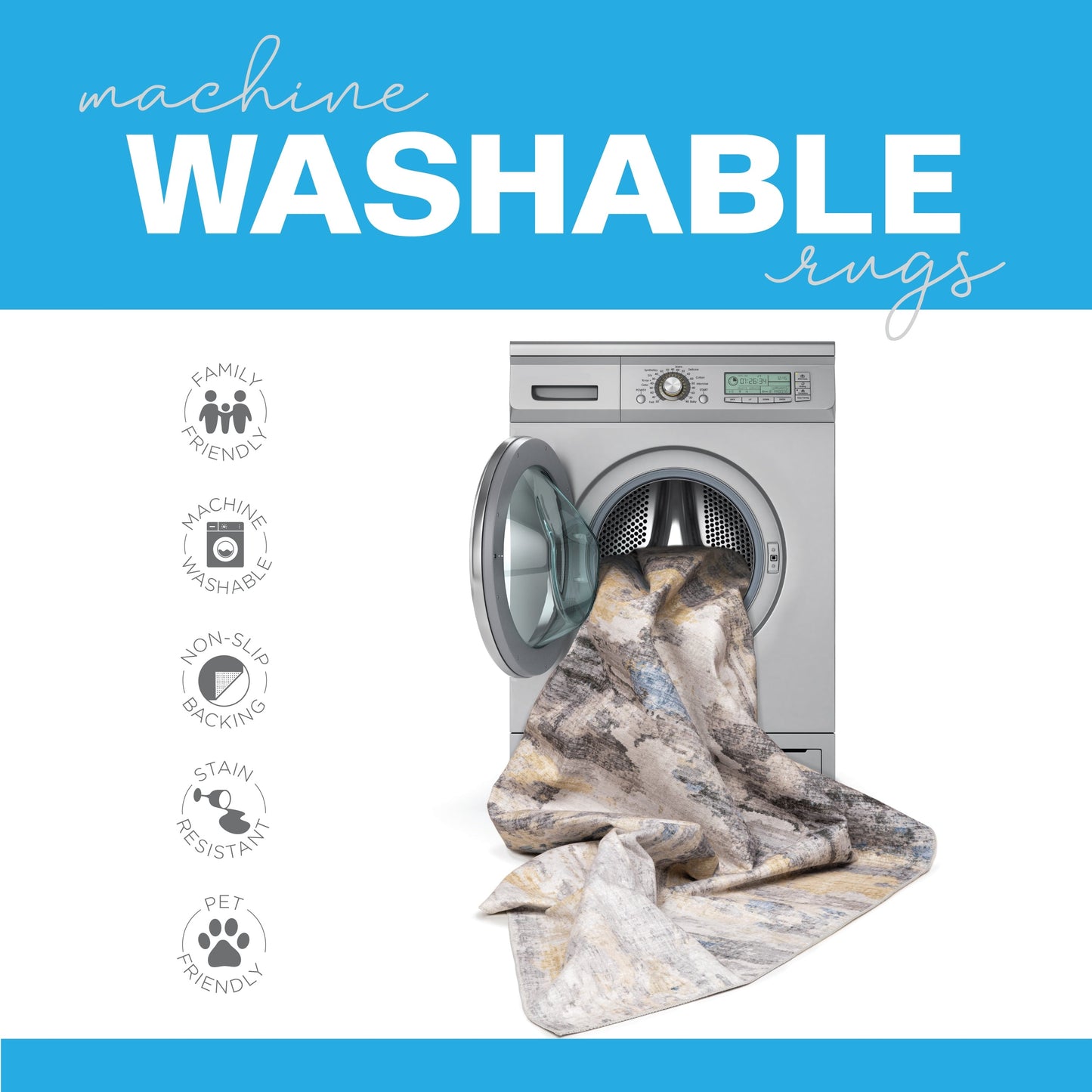 Vista Home Marissa, waschbarer abstrakter Teppich für den Innenbereich, Grau/Blau
