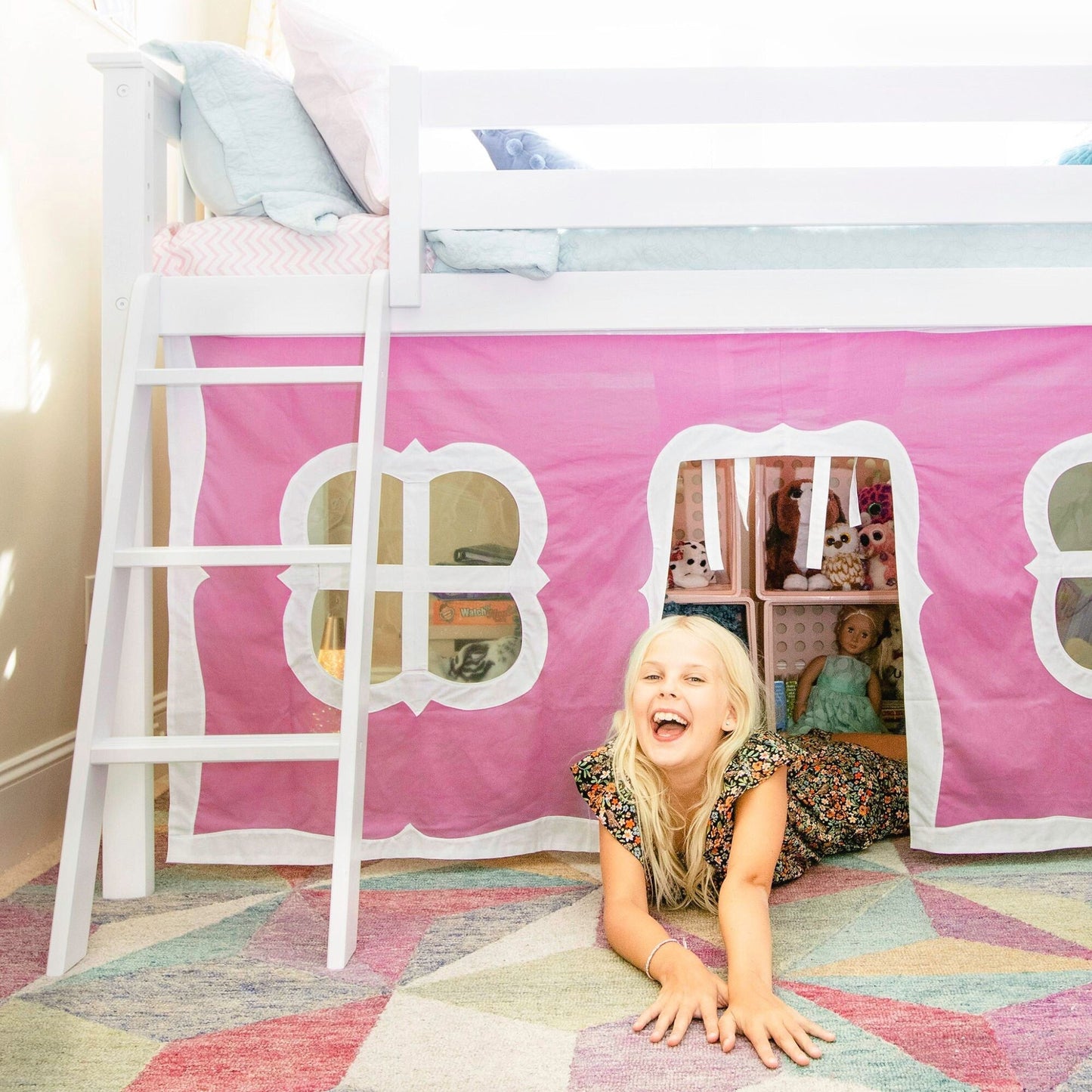 Max and Lily Twin Low Loft mit Rutsche und Vorhängen