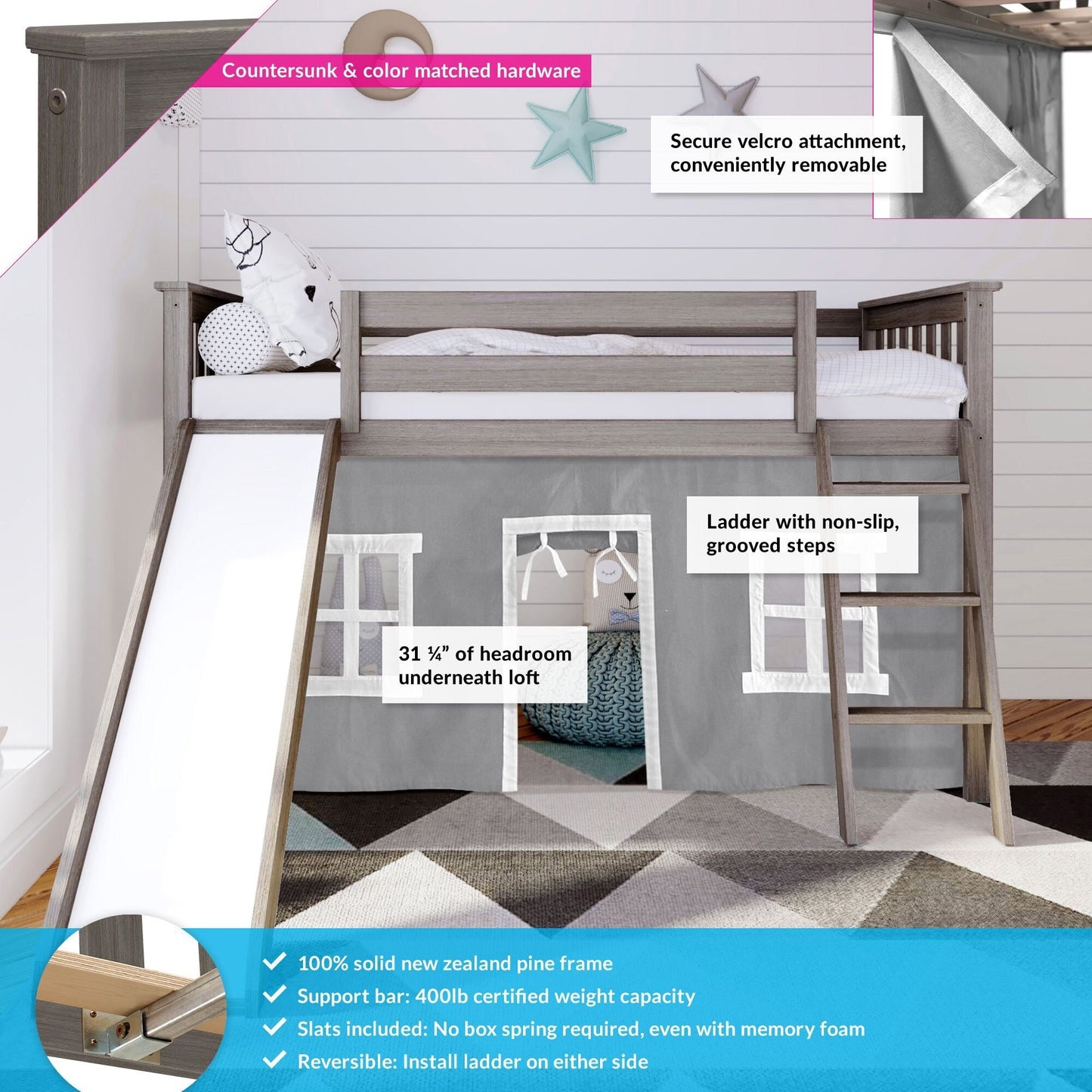 Max and Lily Twin Low Loft mit Rutsche und Vorhängen