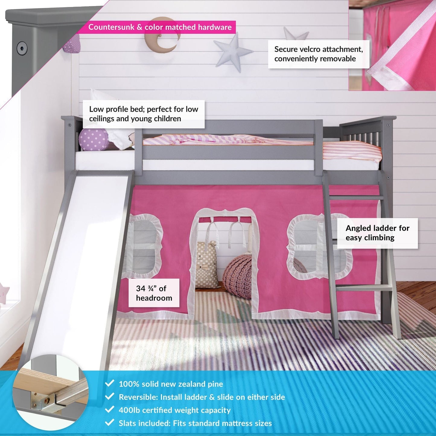 Max and Lily Twin Low Loft mit Rutsche und Vorhängen