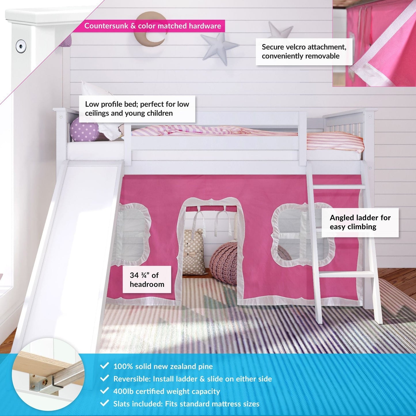 Max and Lily Twin Low Loft mit Rutsche und Vorhängen