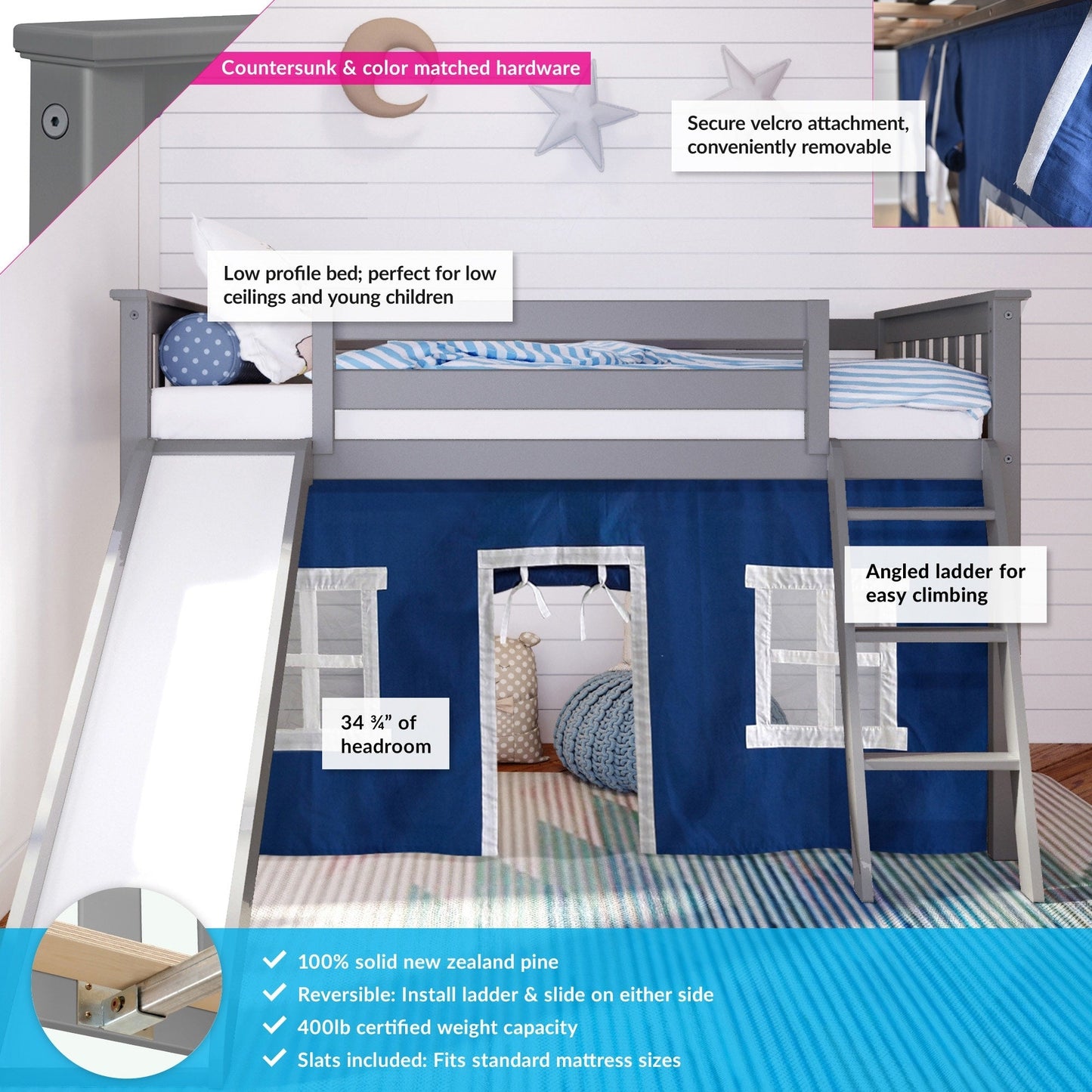 Max and Lily Twin Low Loft mit Rutsche und Vorhängen