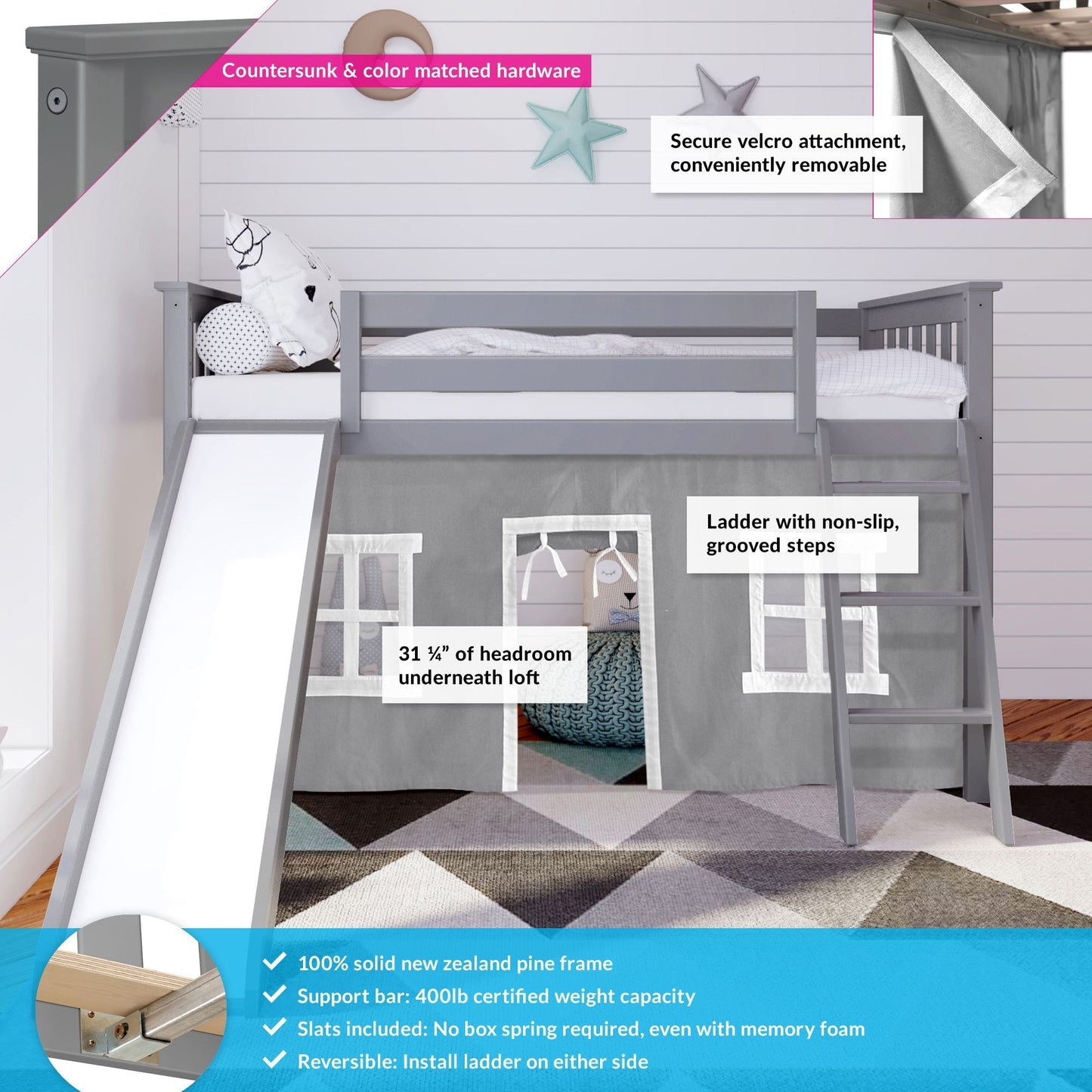 Max and Lily Twin Low Loft mit Rutsche und Vorhängen