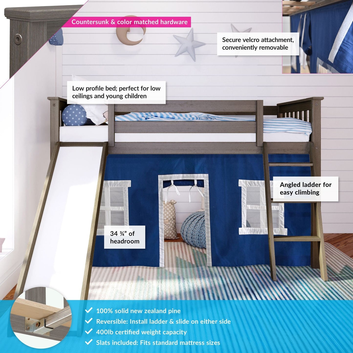 Max and Lily Twin Low Loft mit Rutsche und Vorhängen