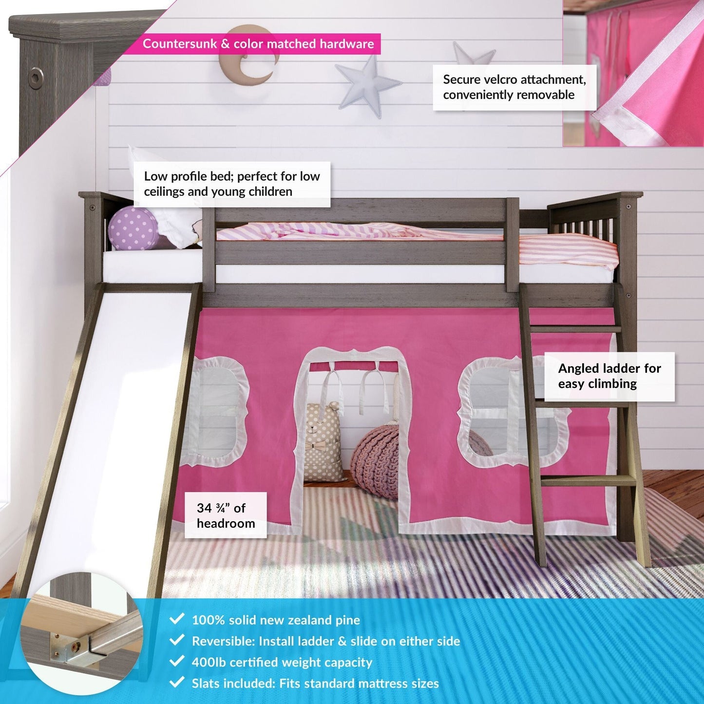 Max and Lily Twin Low Loft mit Rutsche und Vorhängen