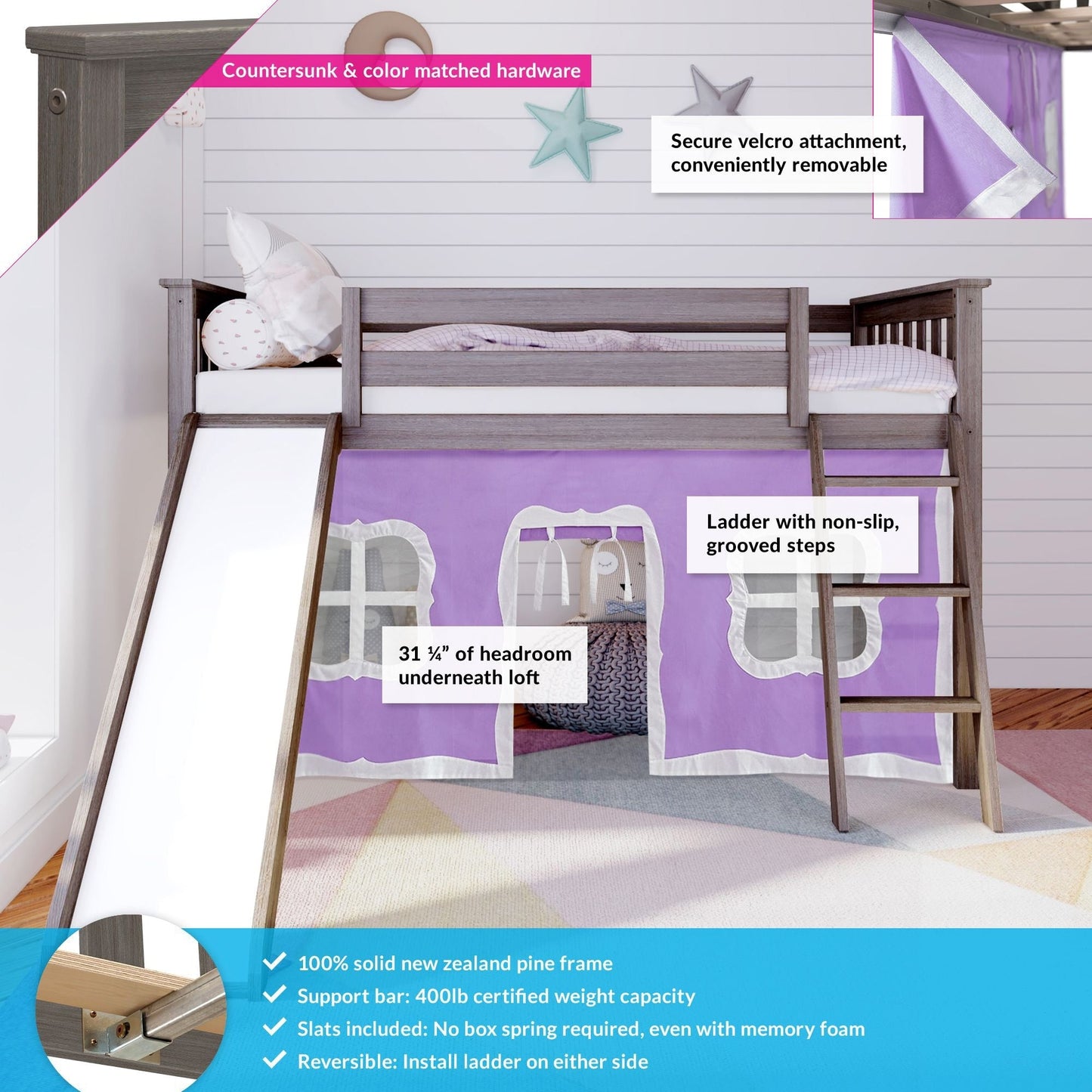 Max and Lily Twin Low Loft mit Rutsche und Vorhängen