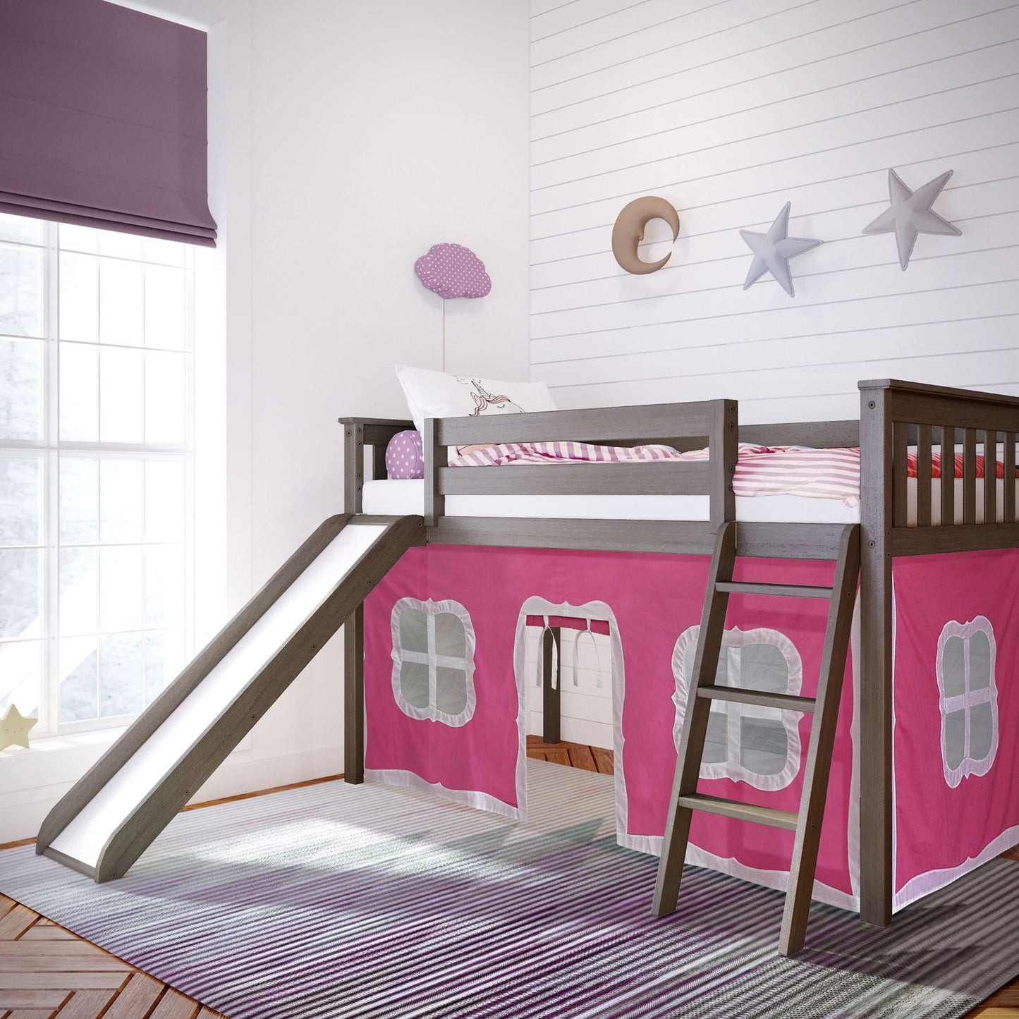 Max and Lily Twin Low Loft mit Rutsche und Vorhängen