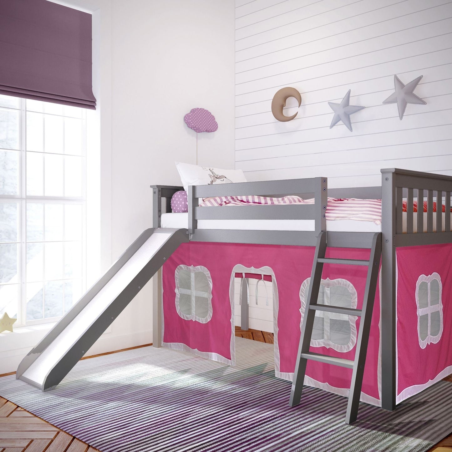 Max and Lily Twin Low Loft mit Rutsche und Vorhängen