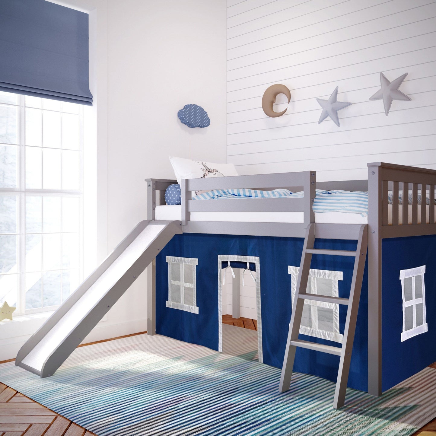 Max and Lily Twin Low Loft mit Rutsche und Vorhängen