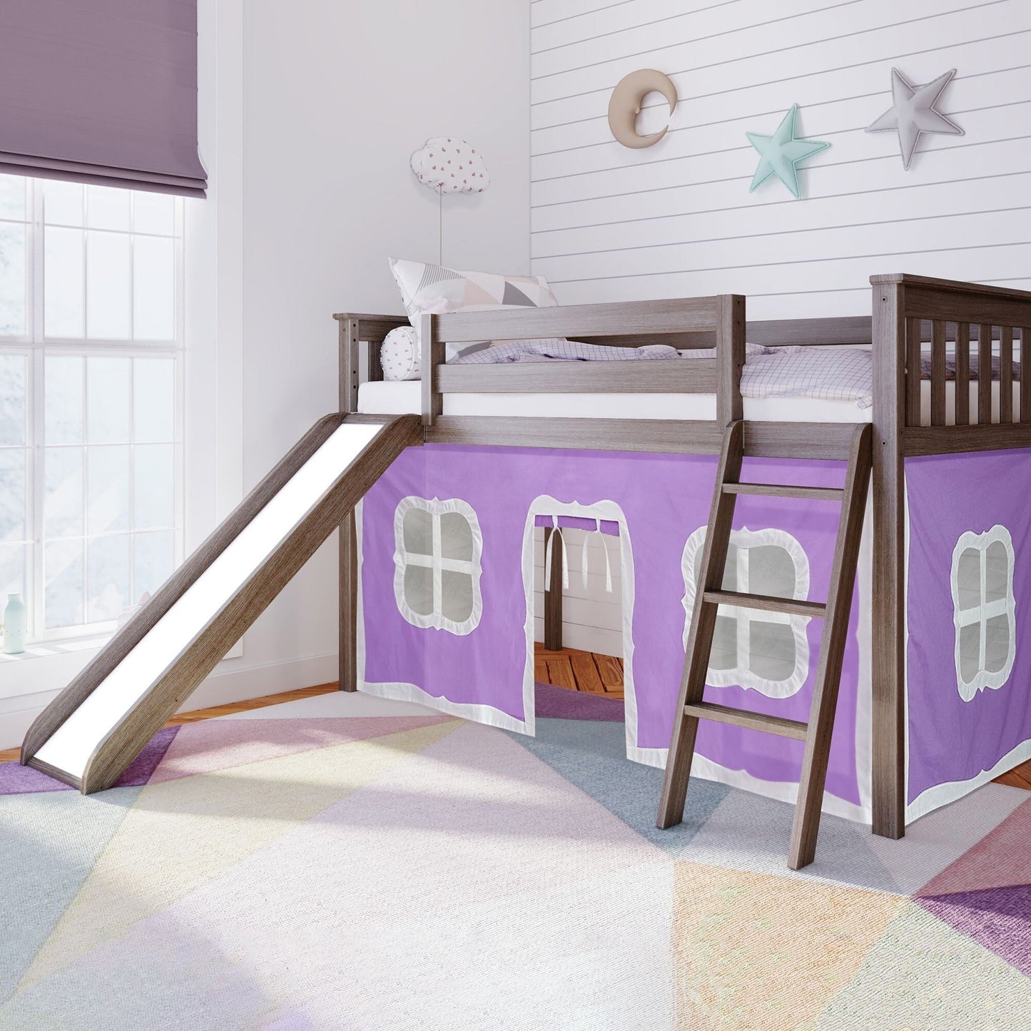 Max and Lily Twin Low Loft mit Rutsche und Vorhängen