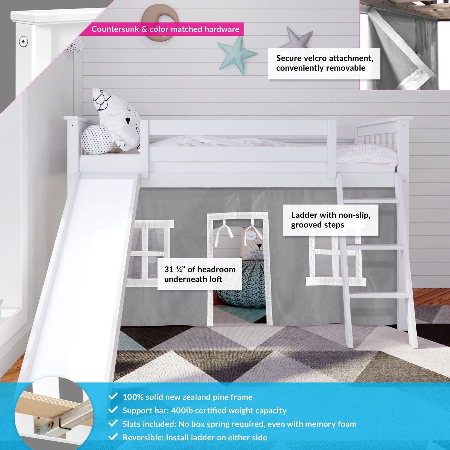Max and Lily Twin Low Loft mit Rutsche und Vorhängen