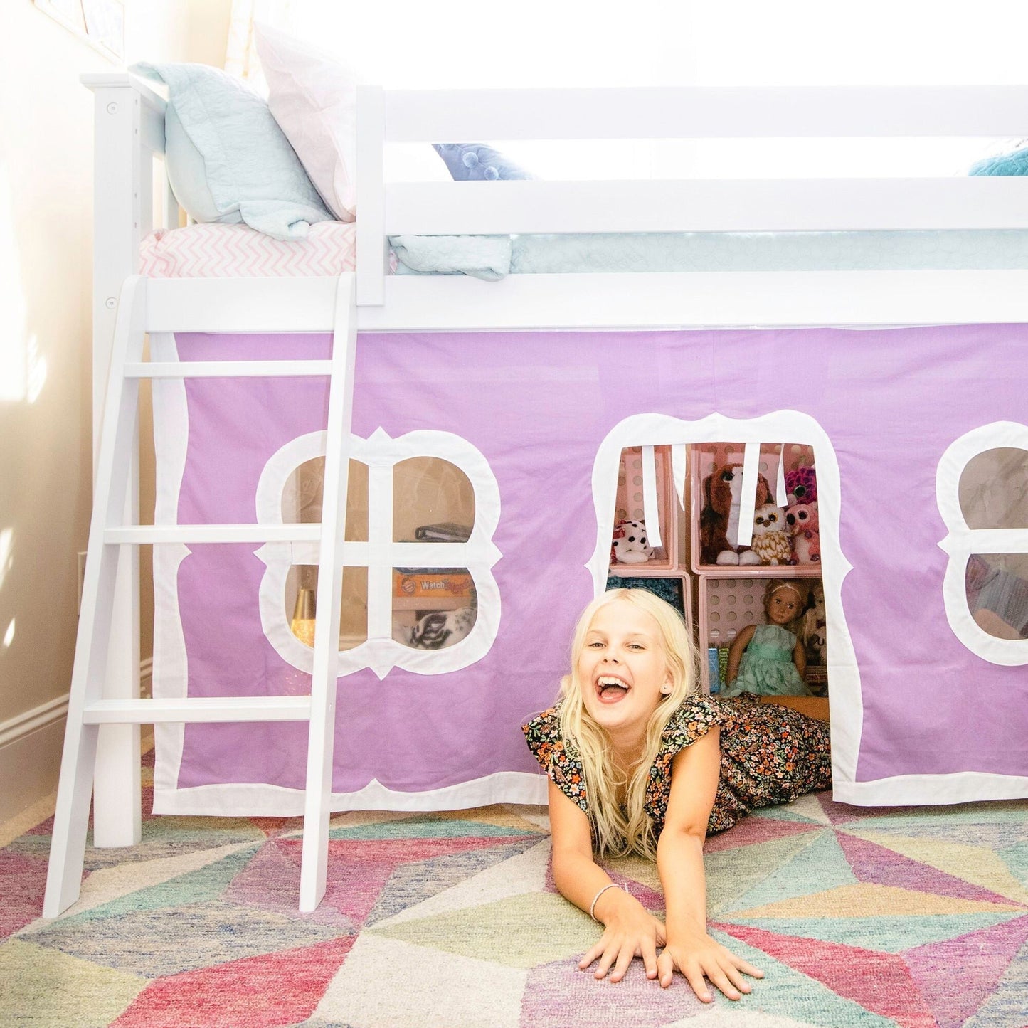 Max and Lily Twin Low Loft mit Rutsche und Vorhängen