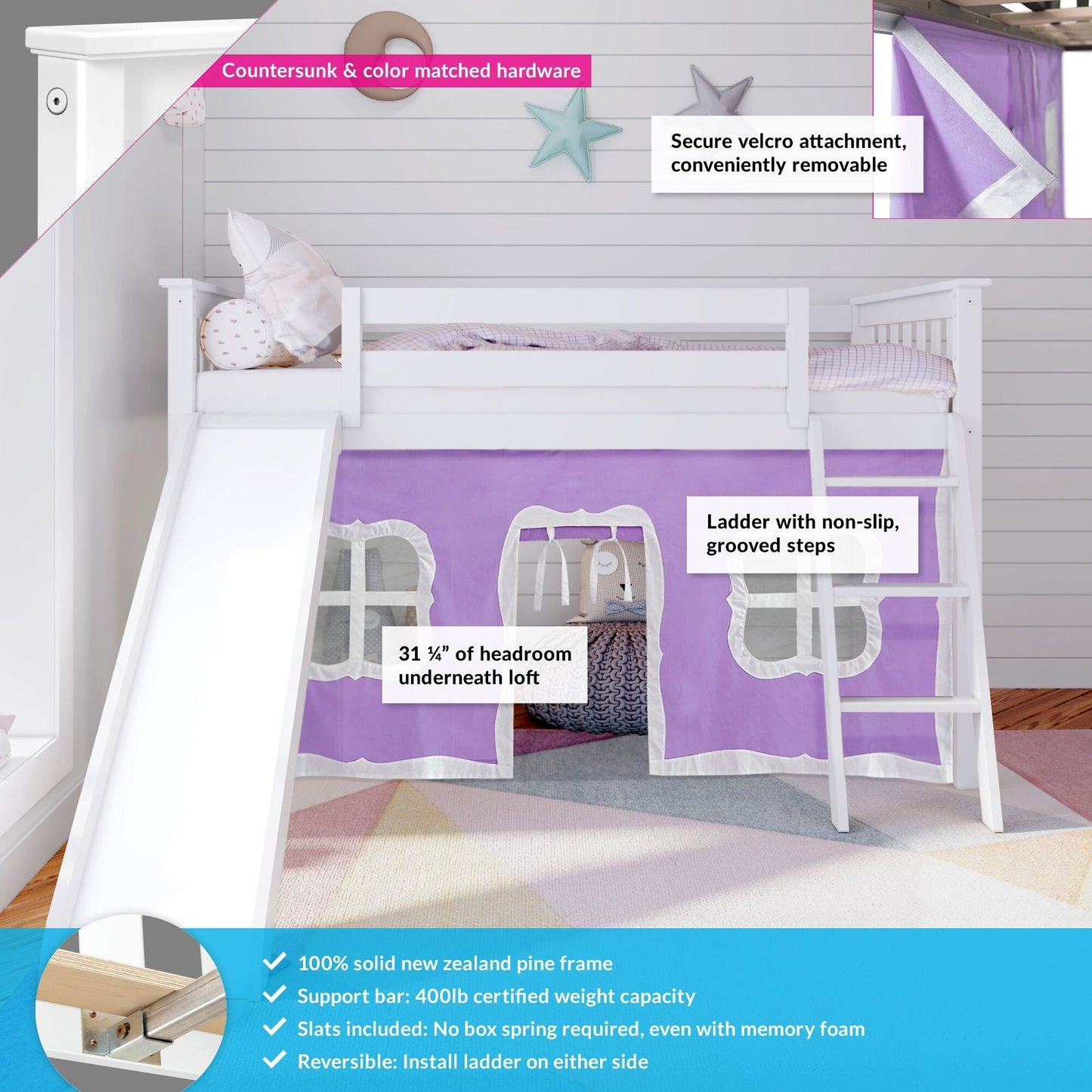 Max and Lily Twin Low Loft mit Rutsche und Vorhängen
