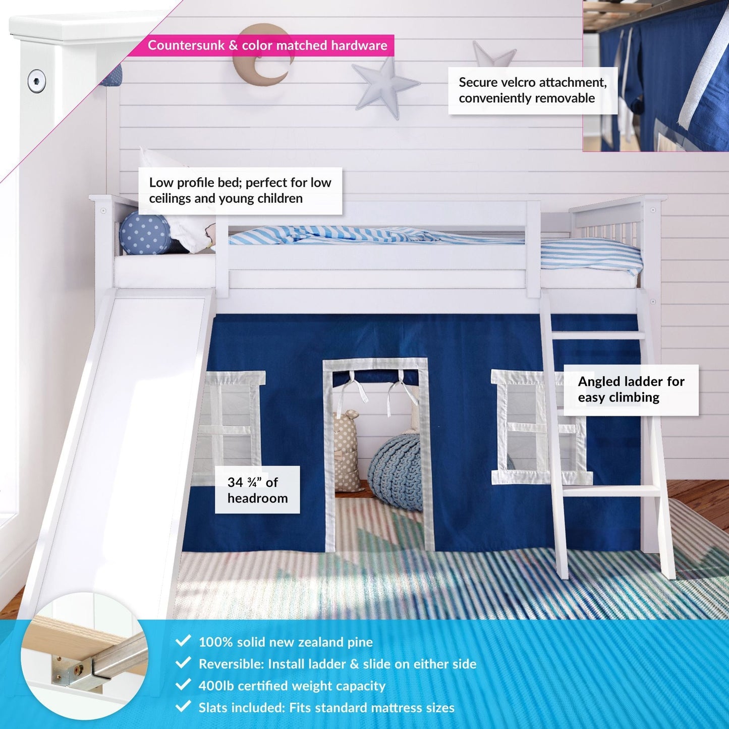 Max and Lily Twin Low Loft mit Rutsche und Vorhängen