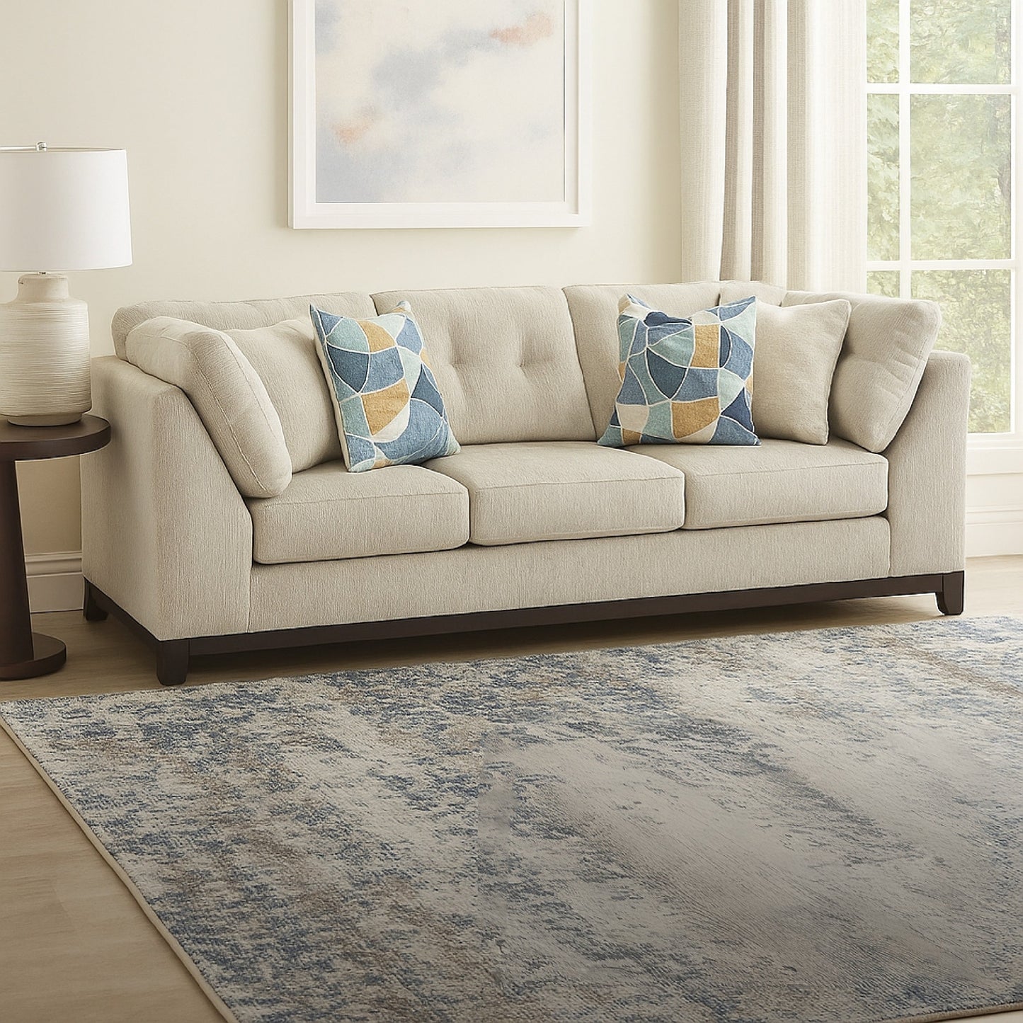 Maxo Sofa, 100 Inch Tufted Ivory Polyester, 5 Accent Throw Pillows
