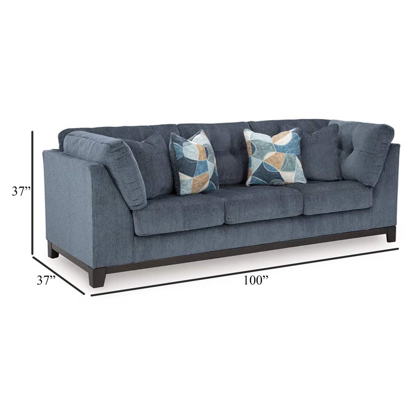Maxo Sofa, 100 Inch Tufted Rich Blue Polyester, 5 Accent Throw Pillows