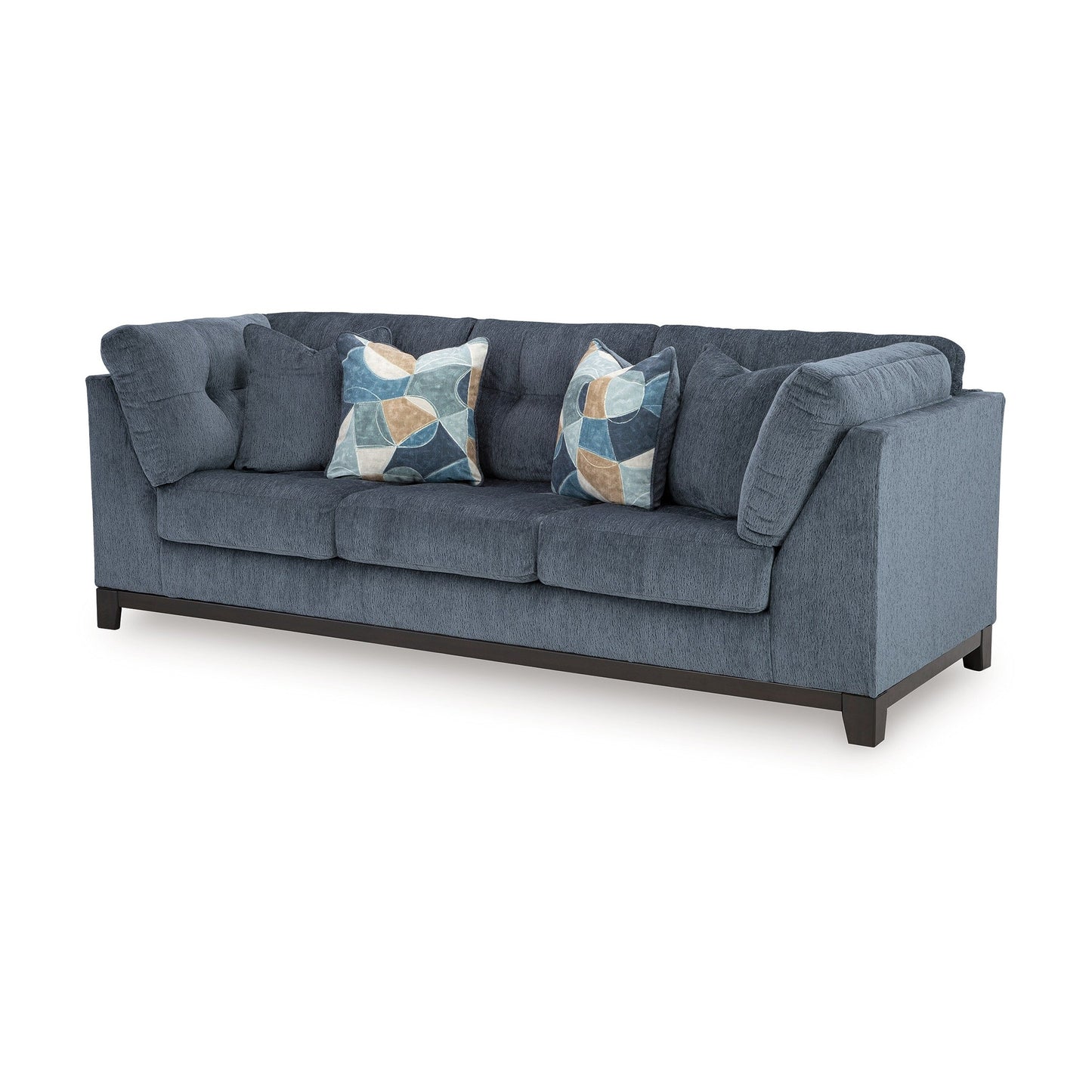 Maxo Sofa, 100 Inch Tufted Rich Blue Polyester, 5 Accent Throw Pillows