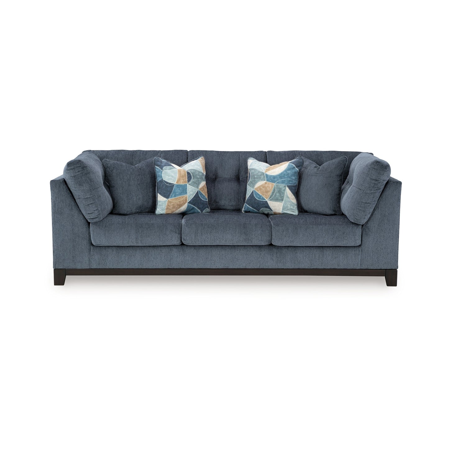 Maxo Sofa, 100 Inch Tufted Rich Blue Polyester, 5 Accent Throw Pillows