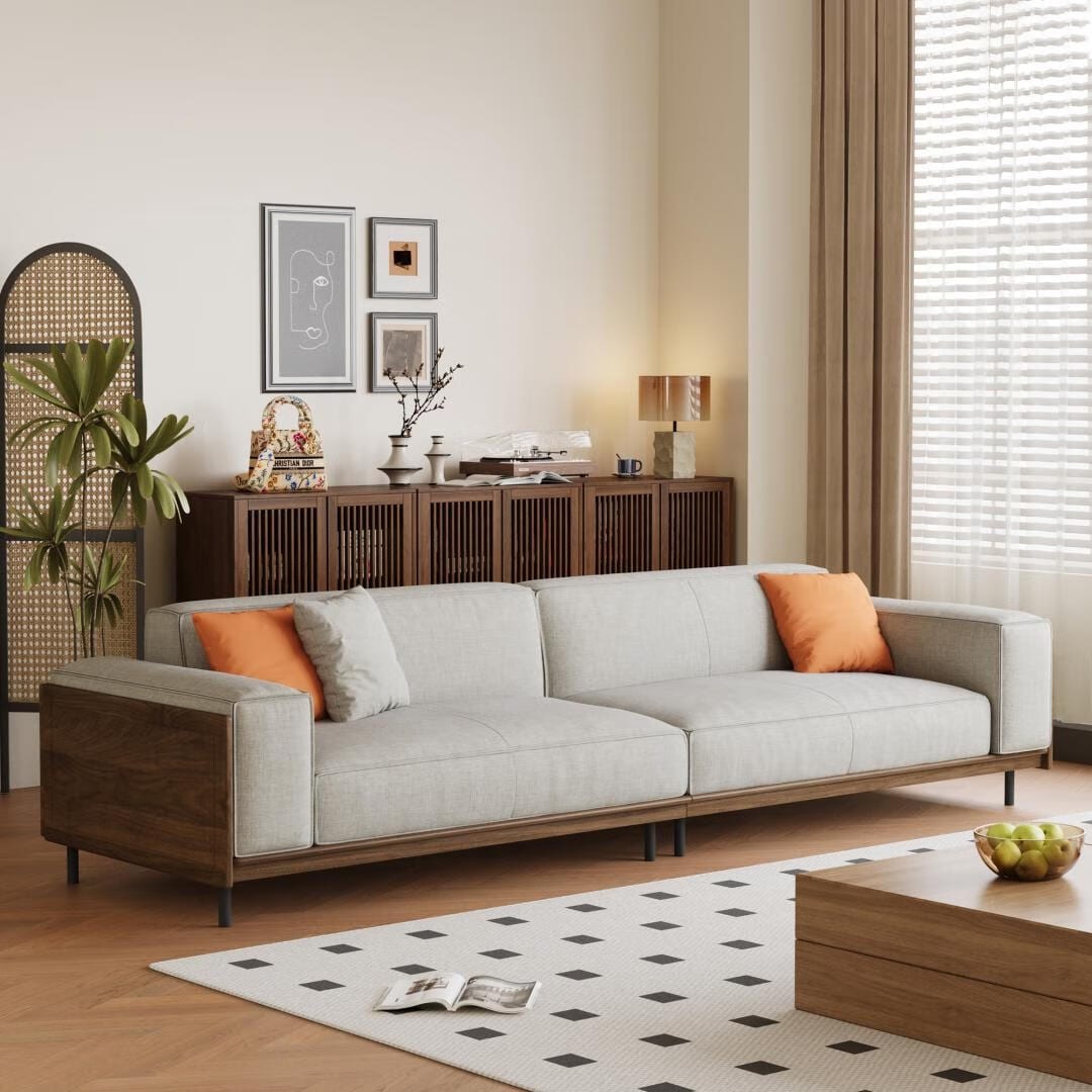 Mid-Century Modern 4-Sitzer-Sofa, Polsterung aus Walnussbaumwolle und Leinen, abnehmbare, waschbare Bezüge, tiefe Kissen mit Kissen
