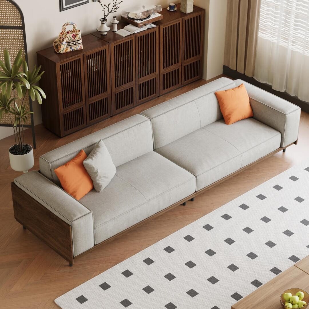 Mid-Century Modern 4-Sitzer-Sofa, Polsterung aus Walnussbaumwolle und Leinen, abnehmbare, waschbare Bezüge, tiefe Kissen mit Kissen