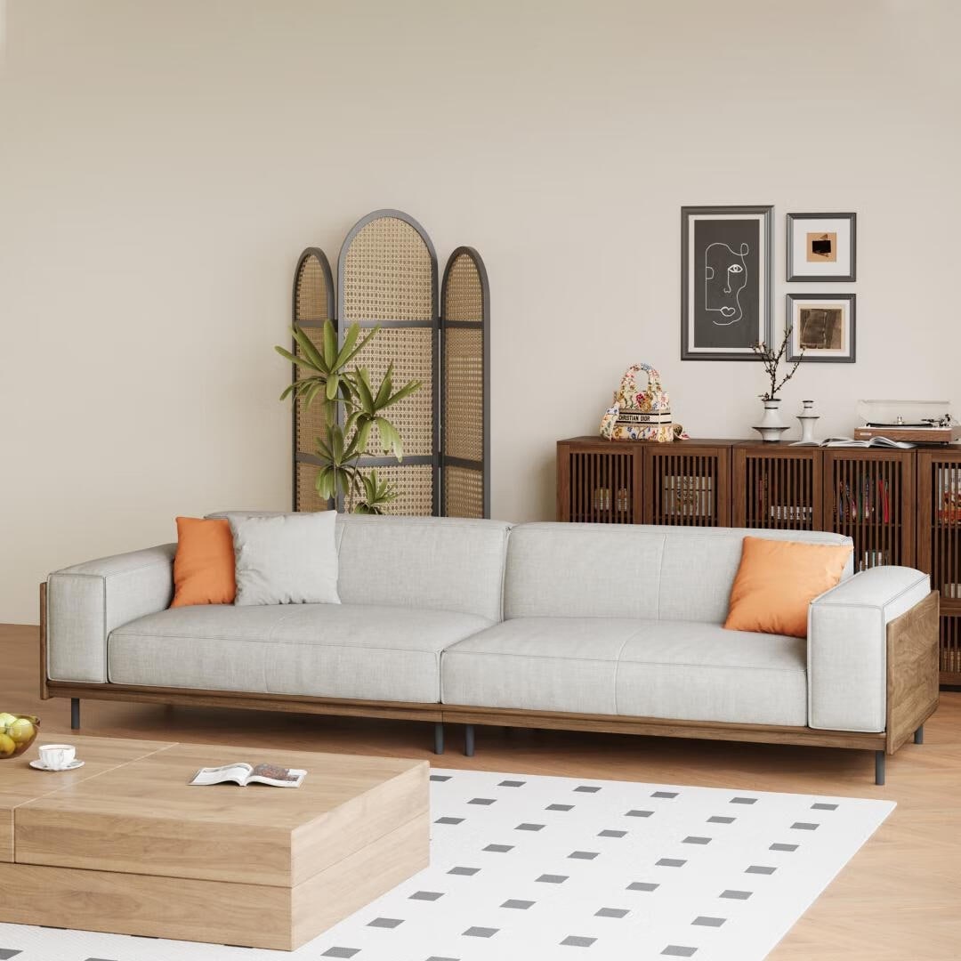 Mid-Century Modern 4-Sitzer-Sofa, Polsterung aus Walnussbaumwolle und Leinen, abnehmbare, waschbare Bezüge, tiefe Kissen mit Kissen