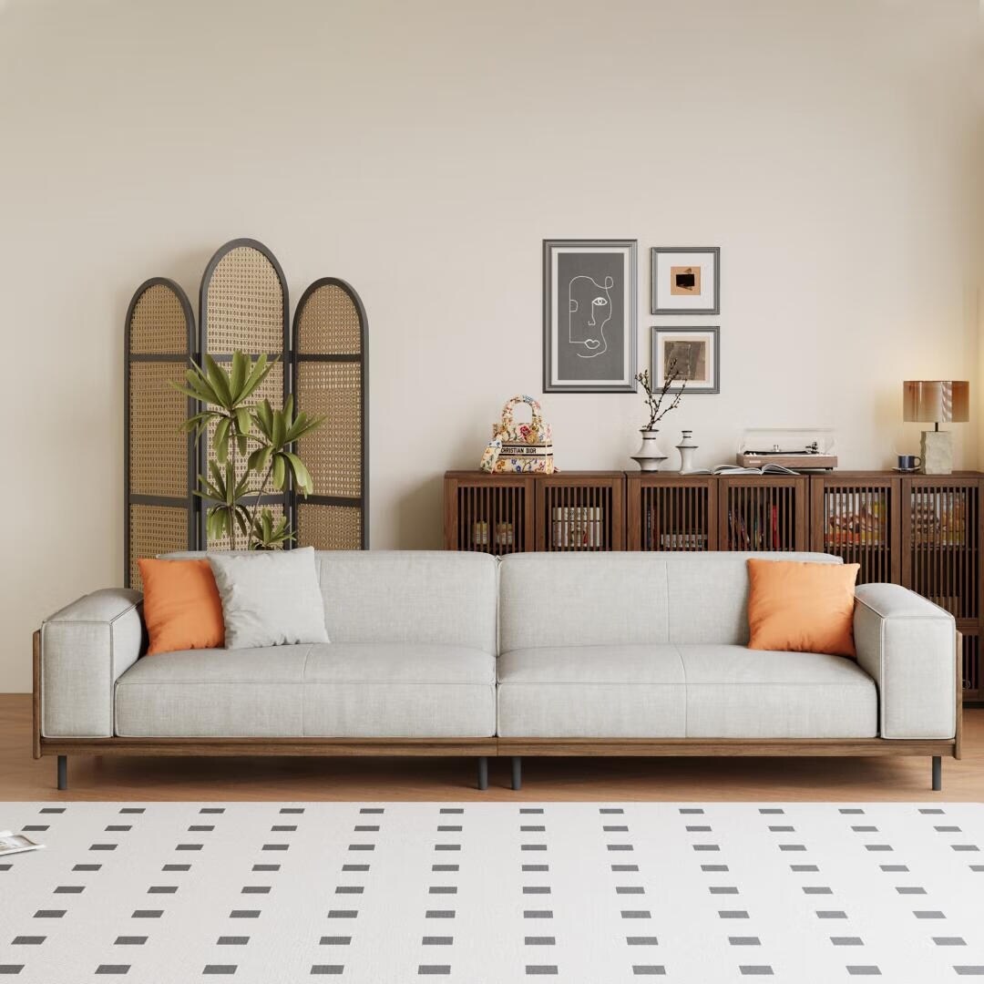 Mid-Century Modern 4-Sitzer-Sofa, Polsterung aus Walnussbaumwolle und Leinen, abnehmbare, waschbare Bezüge, tiefe Kissen mit Kissen