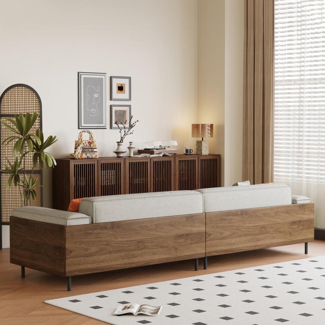 Mid-Century Modern 4-Sitzer-Sofa, Polsterung aus Walnussbaumwolle und Leinen, abnehmbare, waschbare Bezüge, tiefe Kissen mit Kissen