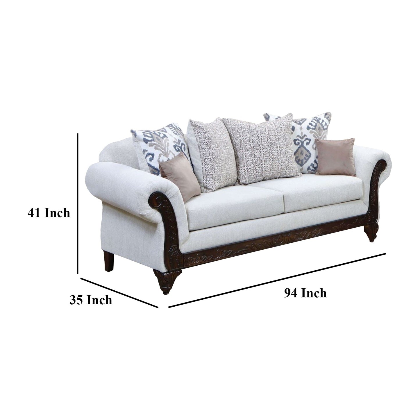 Mezia Sofa, Beige Chenille, Walnut Brown, 6 Accent Pillows, 94 Inch