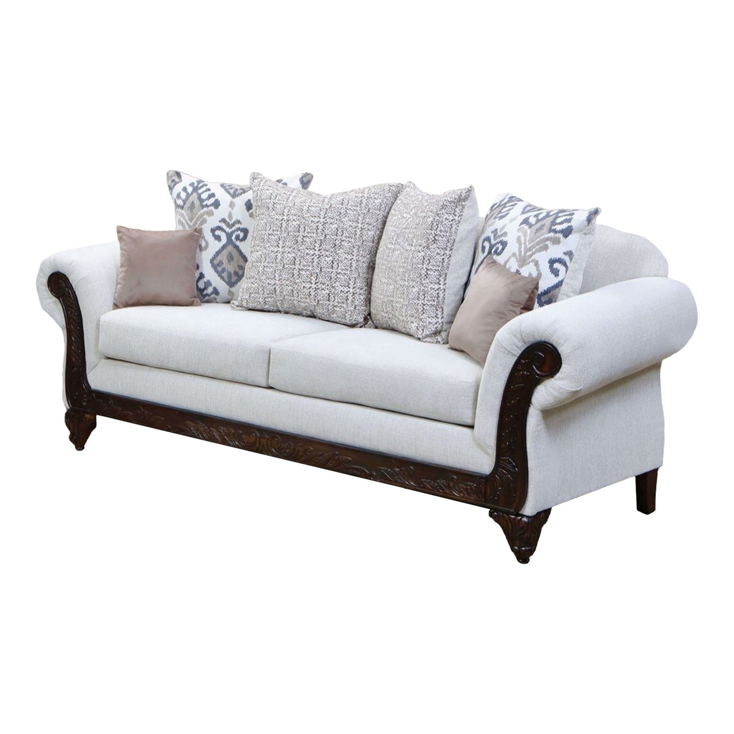 Mezia Sofa, Beige Chenille, Walnut Brown, 6 Accent Pillows, 94 Inch