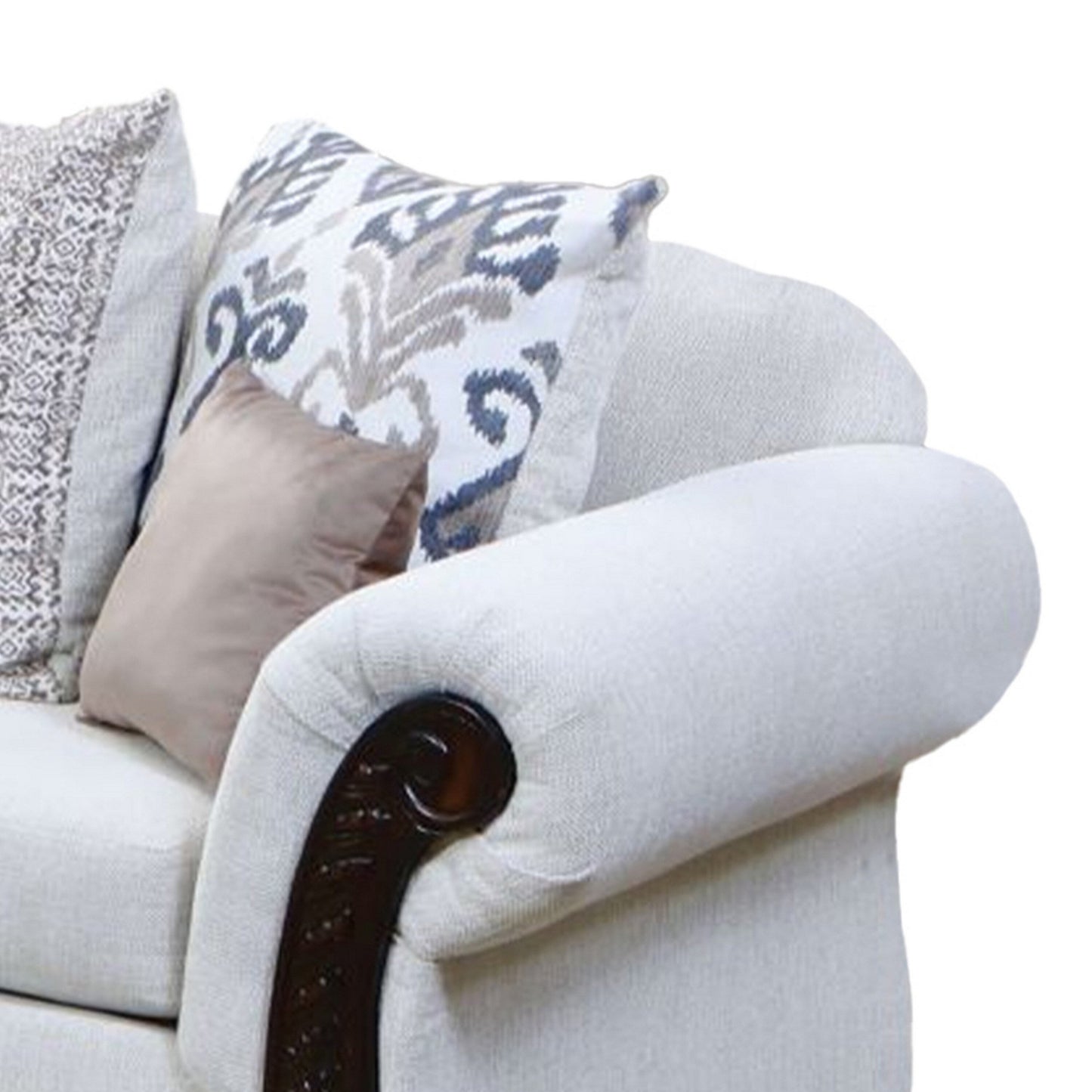 Mezia Sofa, Beige Chenille, Walnut Brown, 6 Accent Pillows, 94 Inch
