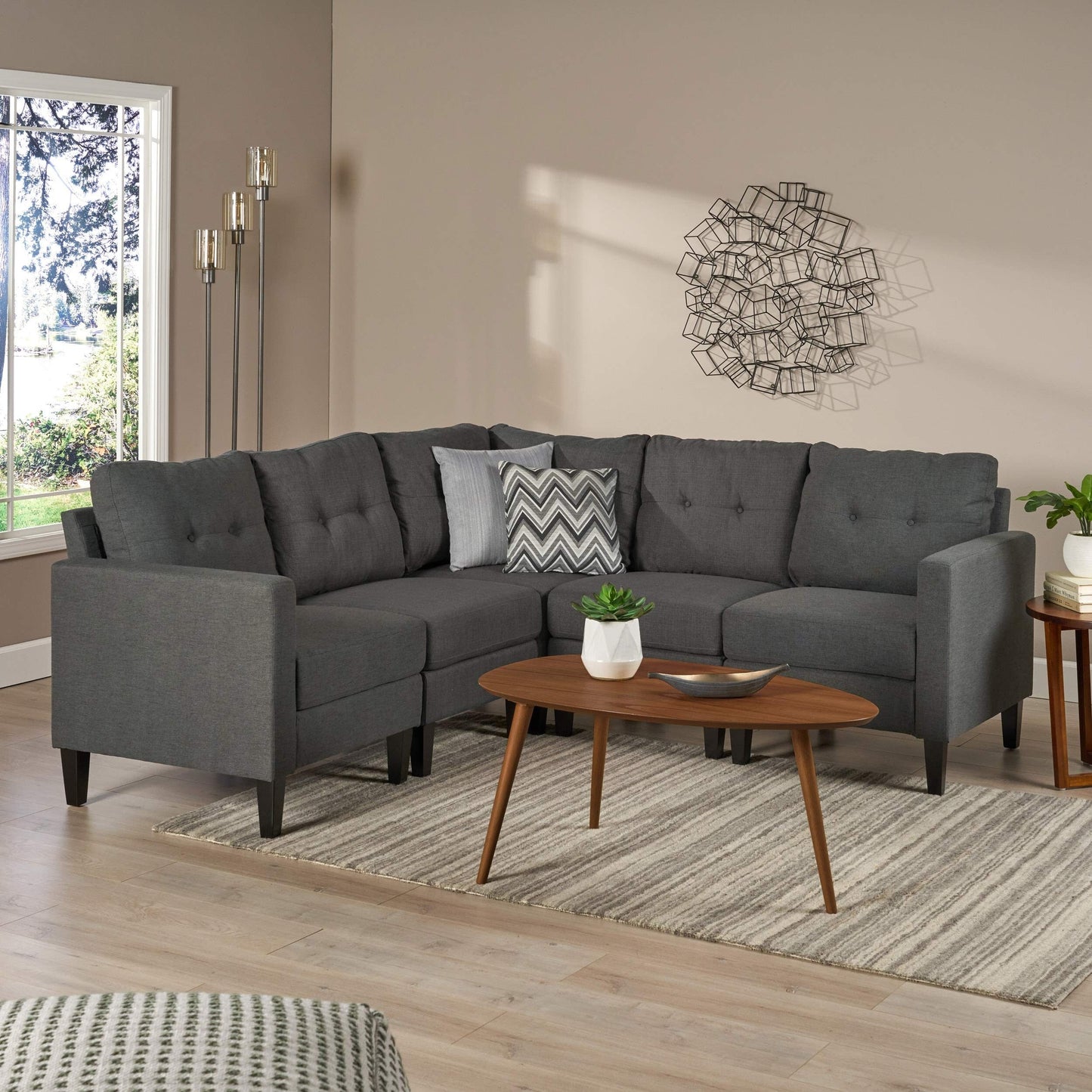 Mid-Century 5-Piece Modular Sectional Sofa with Button-Tufted Cushions for Living Room