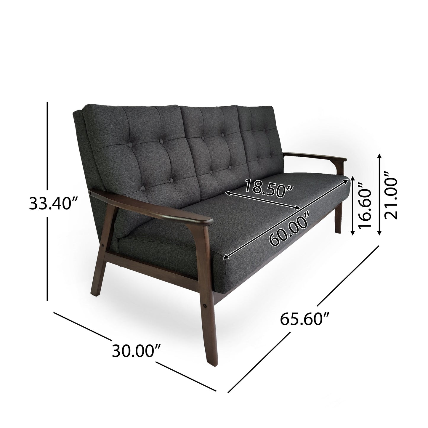 Mid Century 65.5 Button Tufted 3-seater Sofa with Rubberwood Legs for Living Room