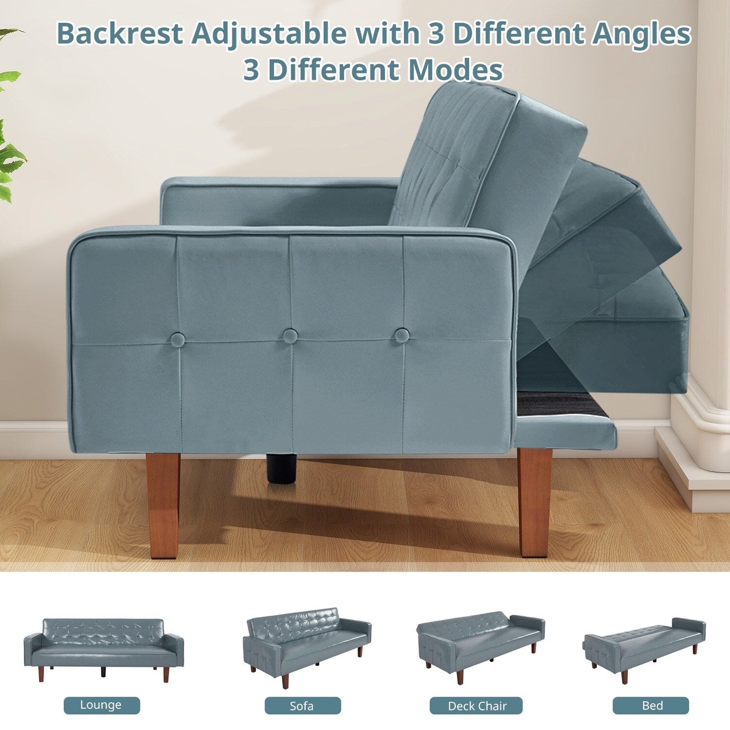 Mid-Century 74” in PU Leather Futon Sofa Bed, Button Tufted Sofa 3-Seat for Living Room Bedroom