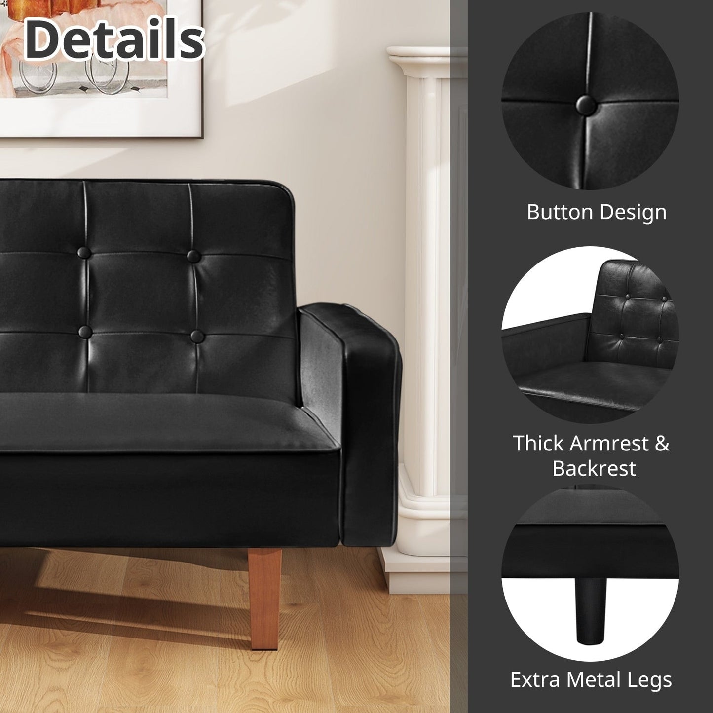 Mid-Century 74” in PU Leather Futon Sofa Bed, Button Tufted Sofa 3-Seat for Living Room Bedroom