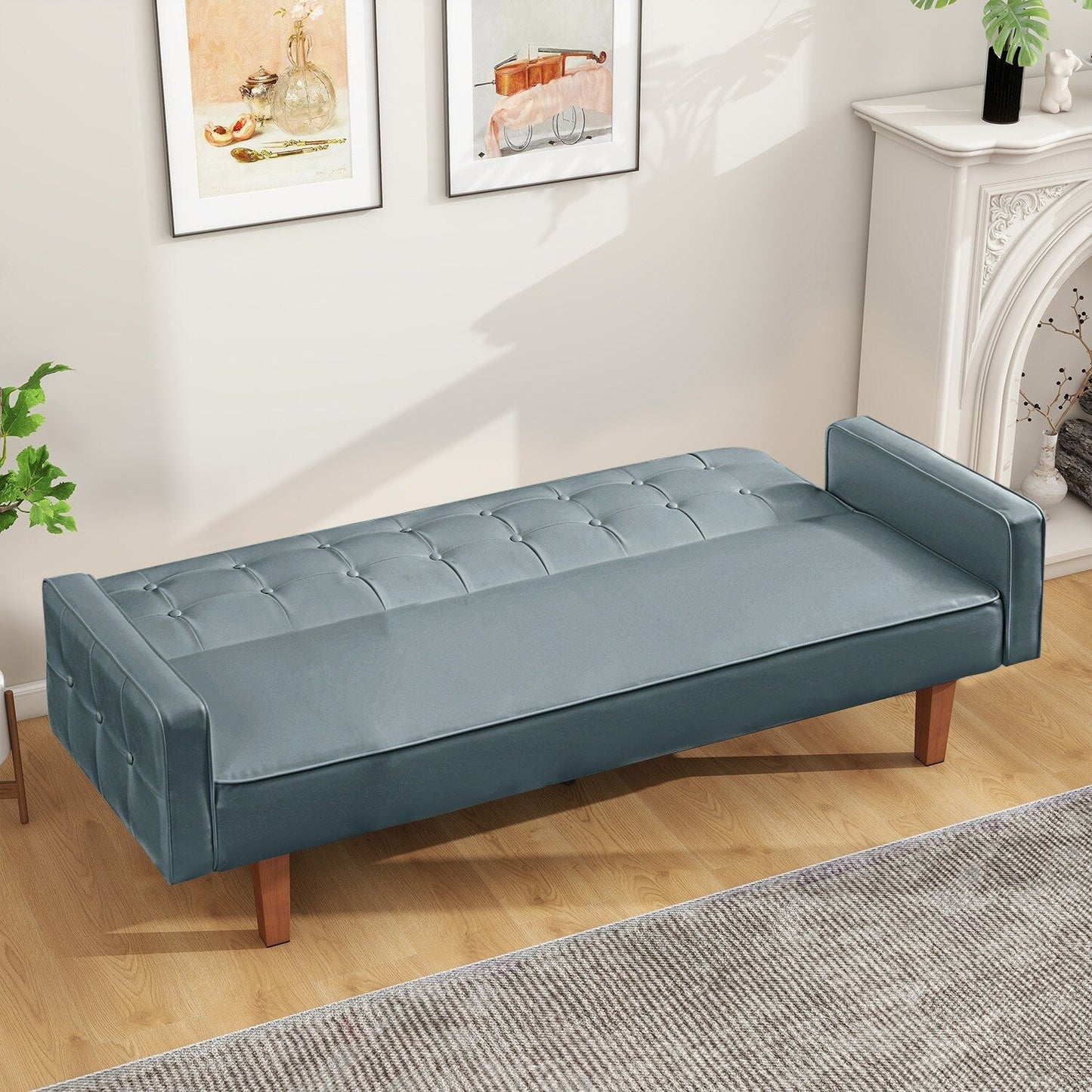 Mid-Century 74” in PU Leather Futon Sofa Bed, Button Tufted Sofa 3-Seat for Living Room Bedroom