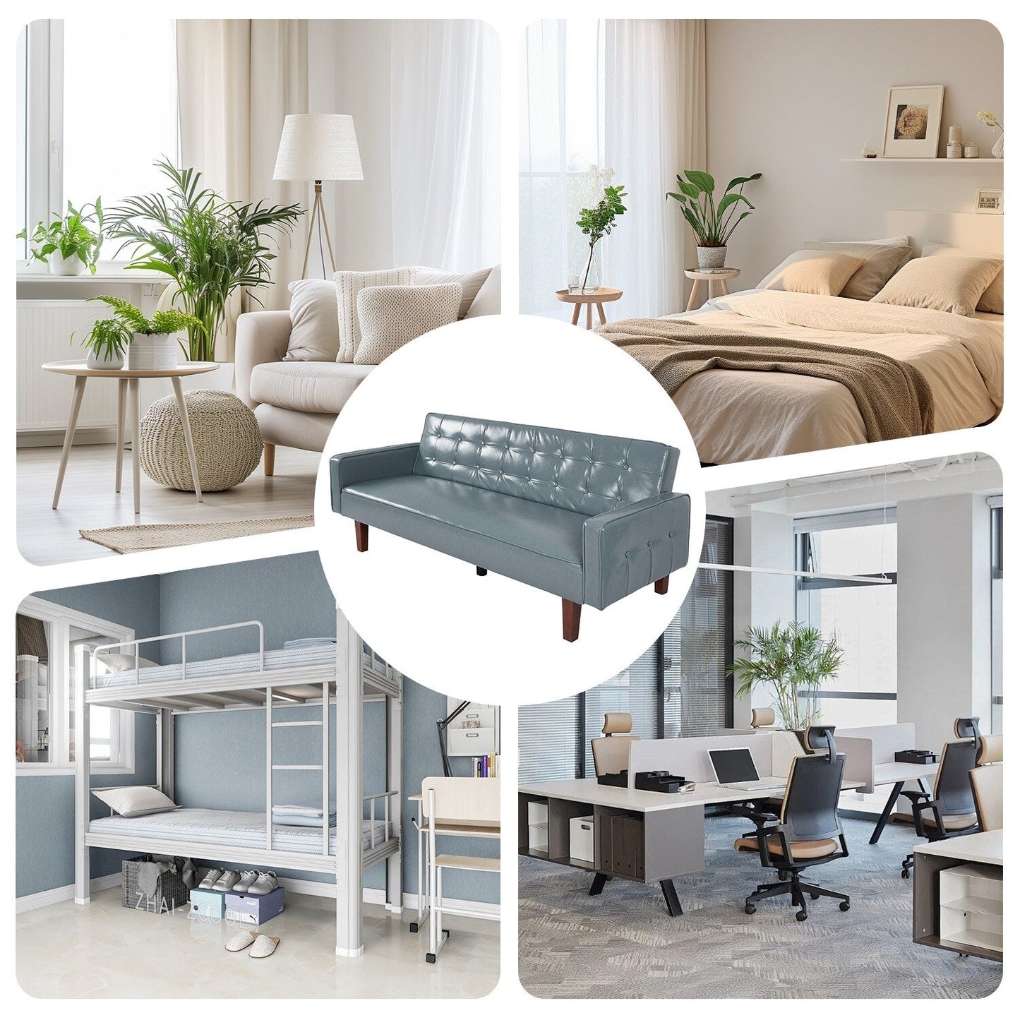 Mid-Century 74” in PU Leather Futon Sofa Bed, Button Tufted Sofa 3-Seat for Living Room Bedroom