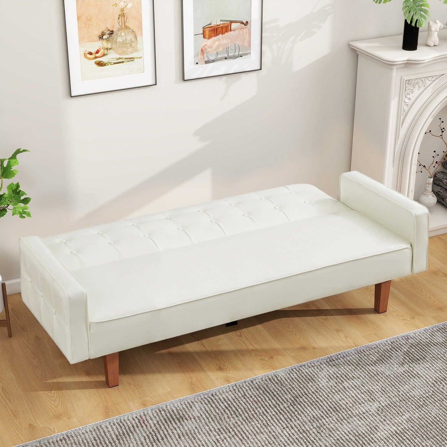 Mid-Century 74” in PU Leather Futon Sofa Bed, Button Tufted Sofa 3-Seat for Living Room Bedroom