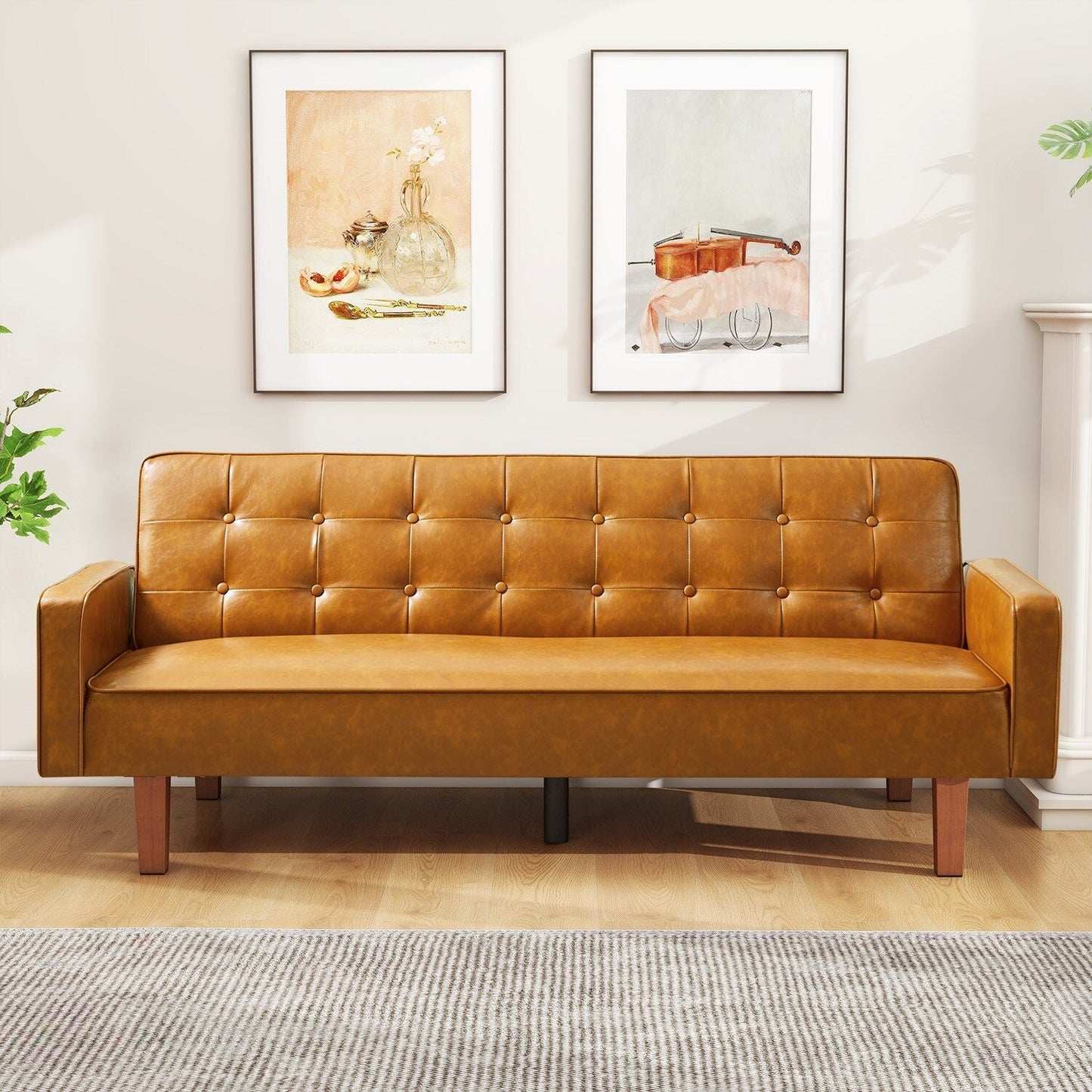 Mid-Century 74” in PU Leather Futon Sofa Bed, Button Tufted Sofa 3-Seat for Living Room Bedroom